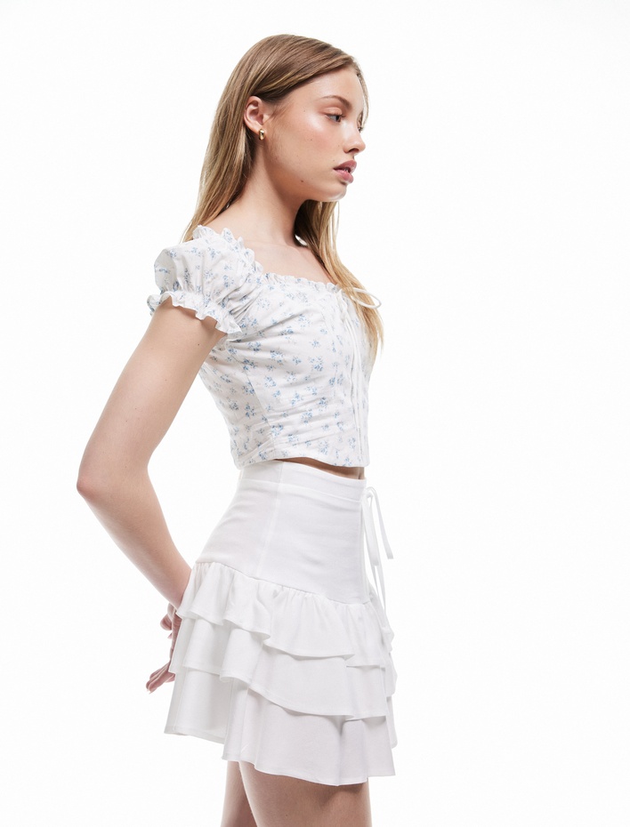  Bağcıklı Volanlı Viskon Mini Etek