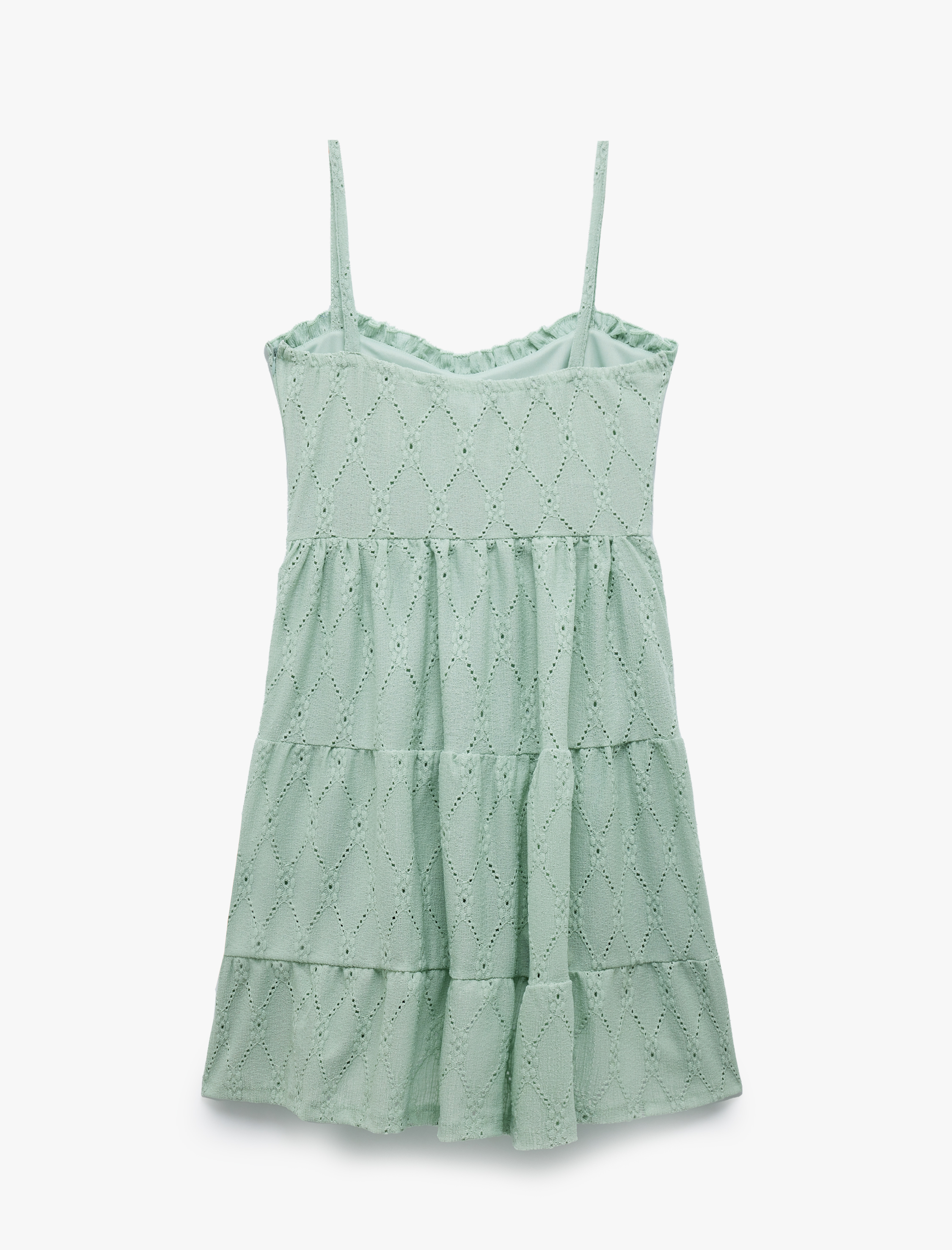   Bağcık Detaylı Kalp Yaka Kolsuz A Kesim Brodeli Katlı Mini Elbise