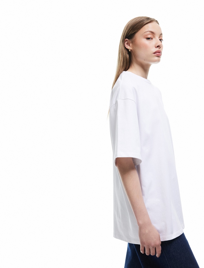  Pamuklu Kısa Kollu Bisiklet Yaka Basic Oversize Tişört