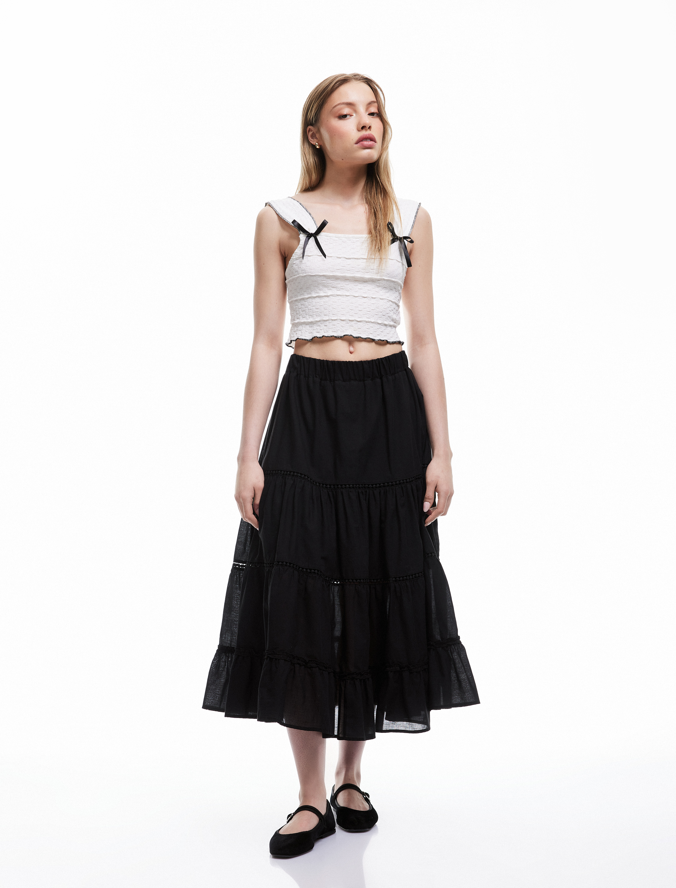   Katlı Rahat Kalıp Beli Lastikli A Kesim Midi Etek