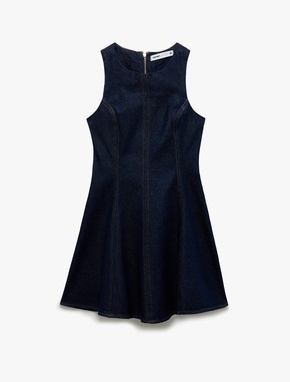 Kolsuz Bisiklet Yaka Fermuarlı Dikiş Detaylı Volanlı Mini Denim Elbise_3
