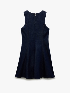 Kolsuz Bisiklet Yaka Fermuarlı Dikiş Detaylı Volanlı Mini Denim Elbise_4