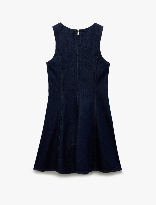 Kolsuz Bisiklet Yaka Fermuarlı Dikiş Detaylı Volanlı Mini Denim Elbise_4