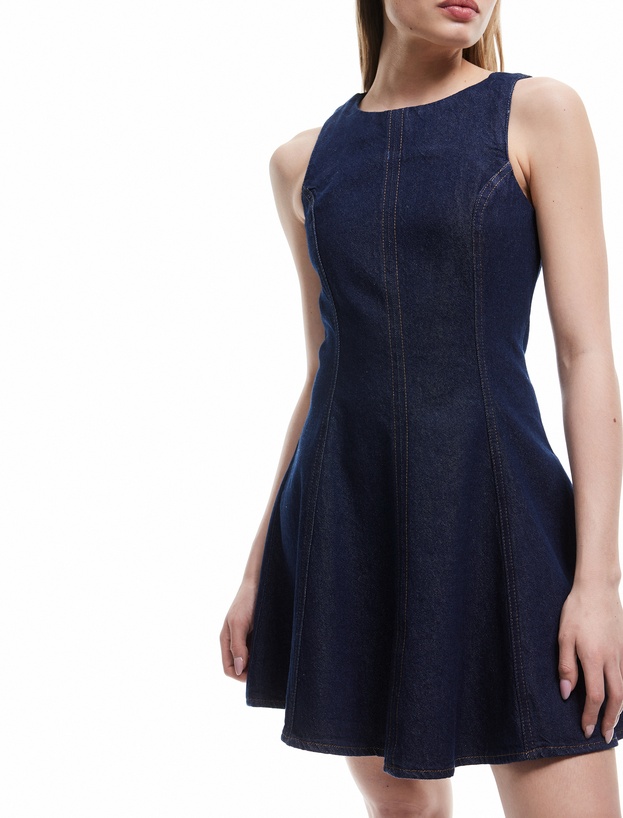 Kolsuz Bisiklet Yaka Fermuarlı Dikiş Detaylı Volanlı Mini Denim Elbise_1