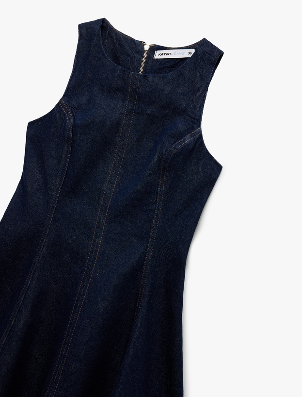 Kolsuz Bisiklet Yaka Fermuarlı Dikiş Detaylı Volanlı Mini Denim Elbise_5