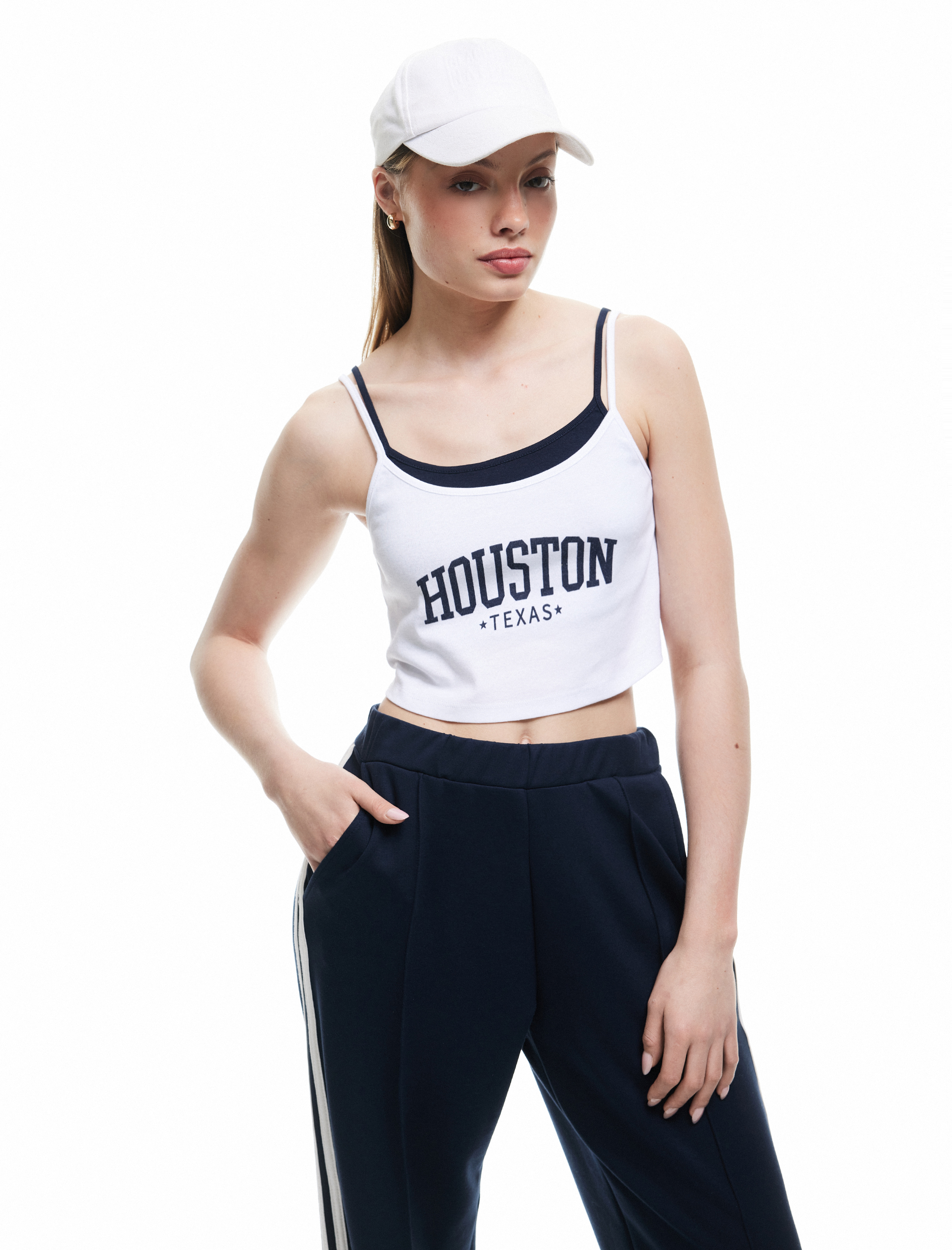   İp Askılı Baskılı Dar Kesim Kolsuz Kontrast Crop Üst