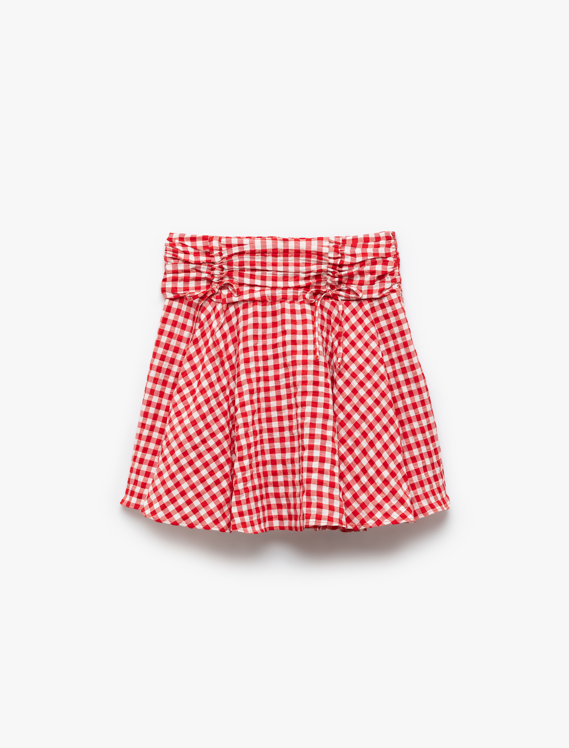   Volanlı Büzgülü A Kesim Gofre Viskon Karışımlı Pötikareli Mini Etek