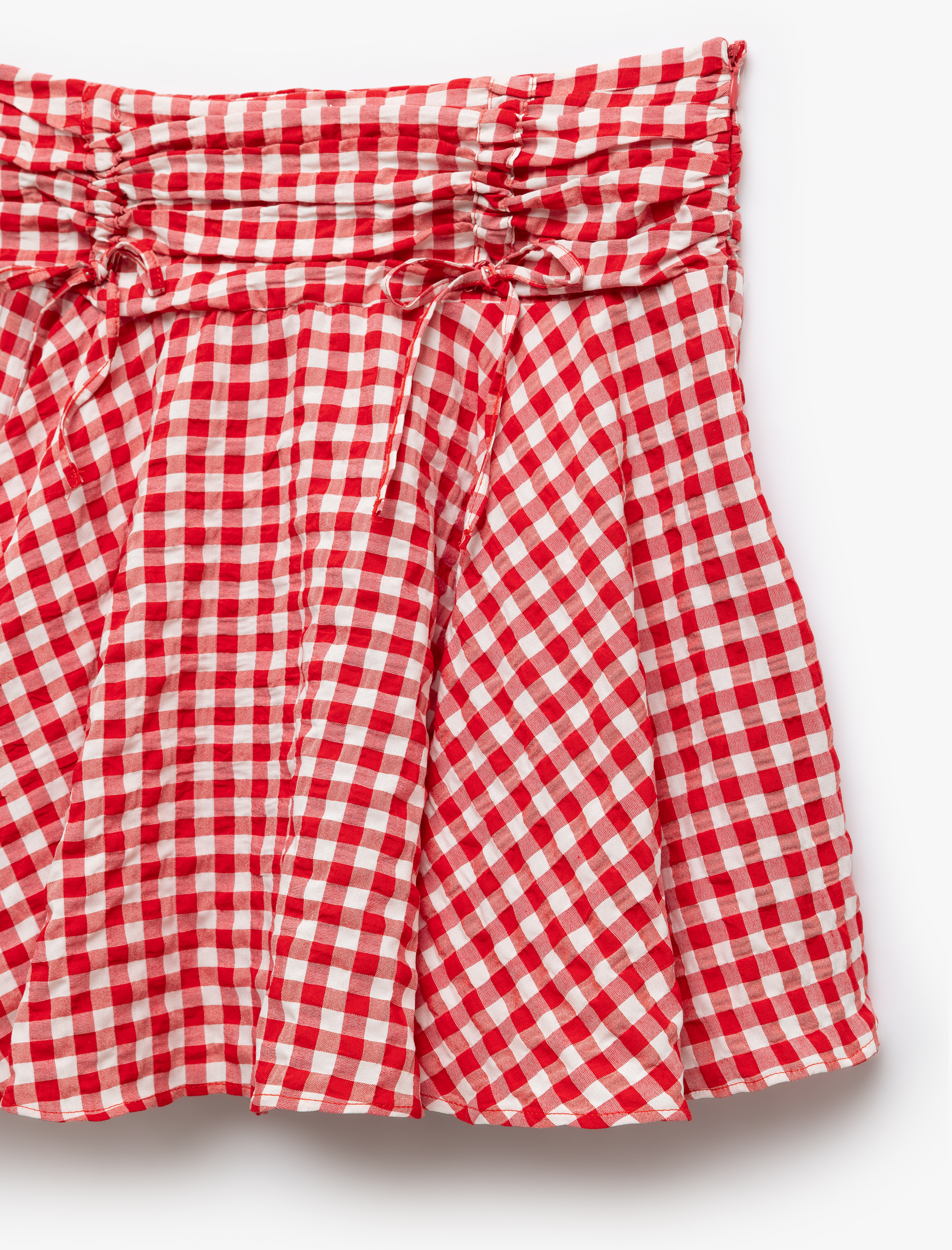   Volanlı Büzgülü A Kesim Gofre Viskon Karışımlı Pötikareli Mini Etek