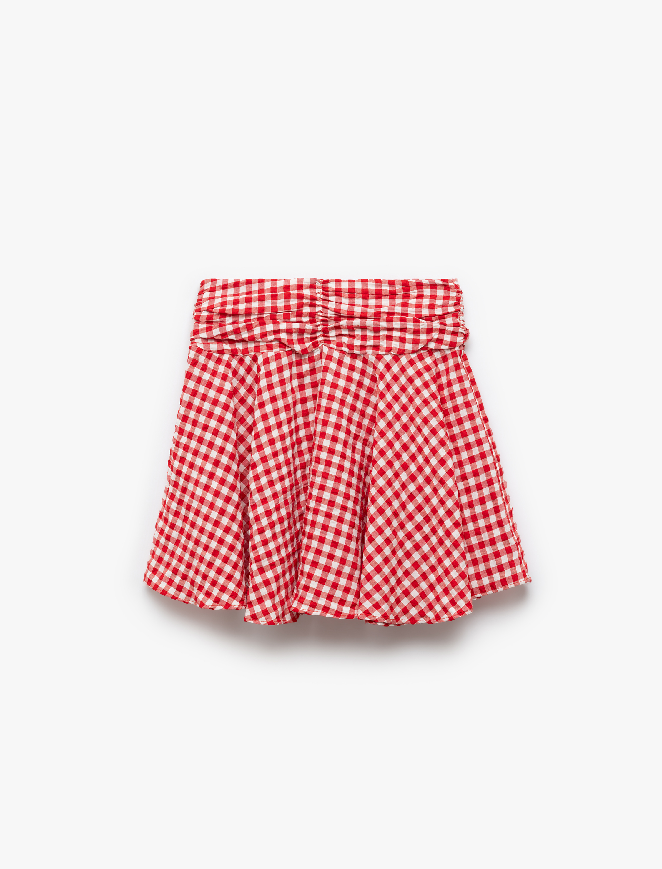   Volanlı Büzgülü A Kesim Gofre Viskon Karışımlı Pötikareli Mini Etek