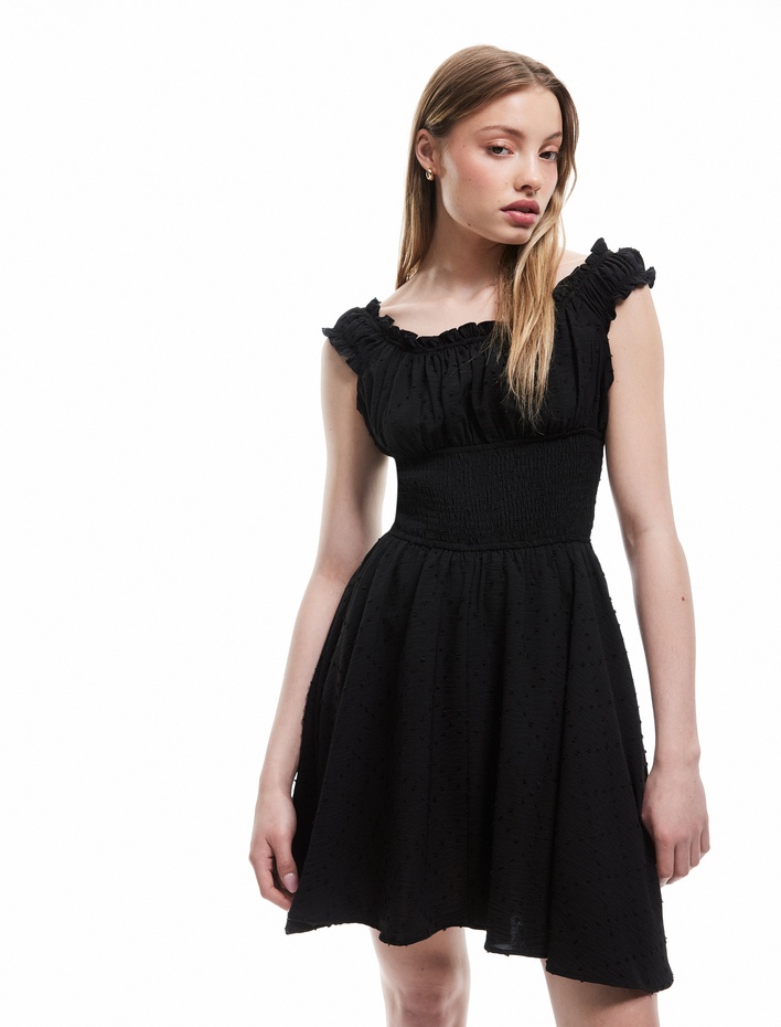  Gipeli Fırfırlı Puantiyeli Volanlı Kolsuz Dokulu Poplin Mini Elbise