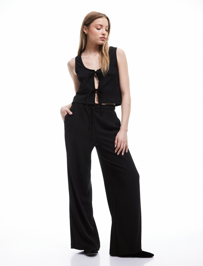  Bağlama Detaylı Bürümcük Kolsuz Bisiklet Yaka Bluz