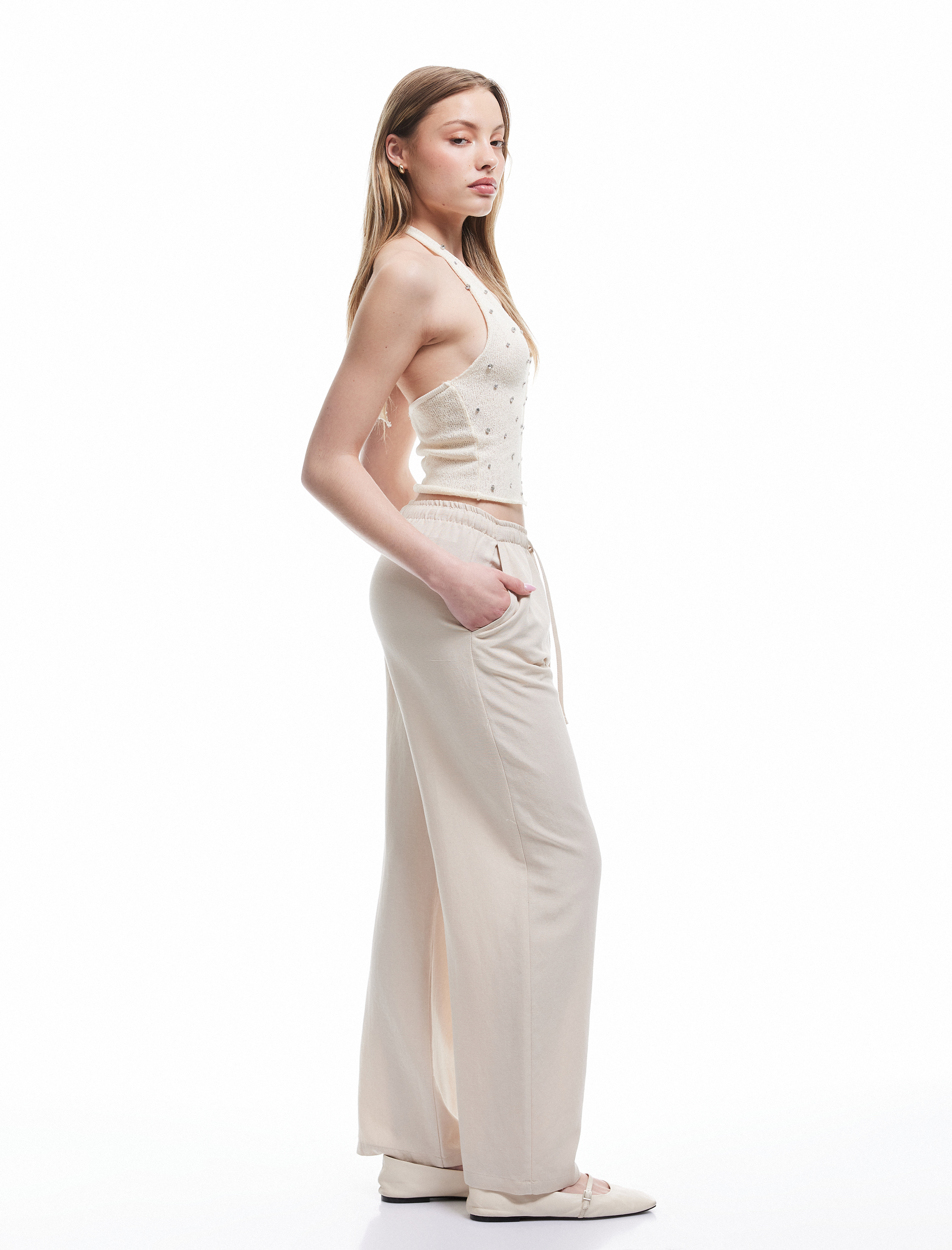   Yüksek Bel Bağcıklı Keten Karışımlı Cep Detaylı Pantolon