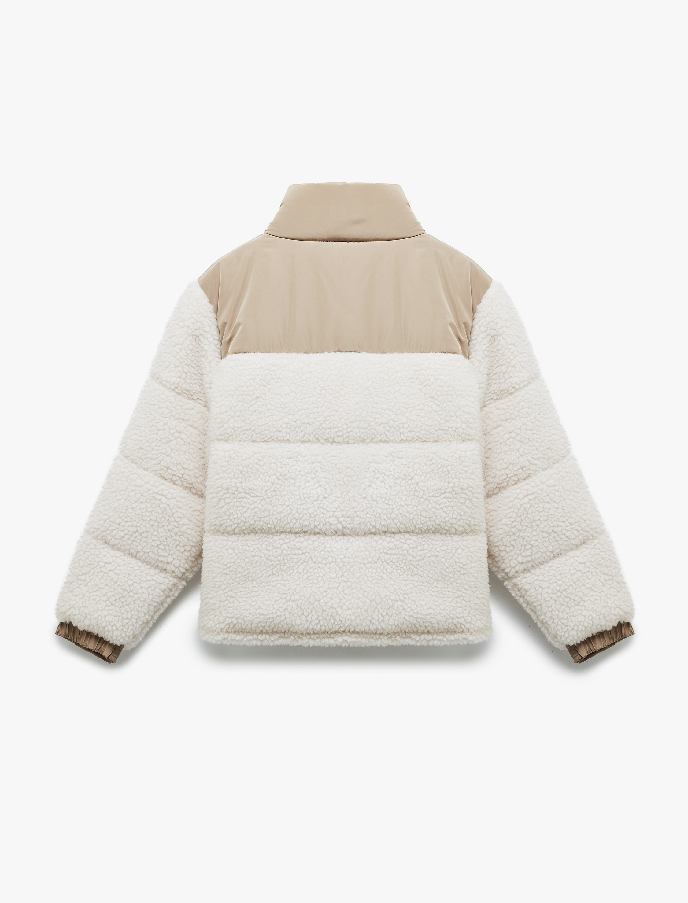   Dik Yaka Cep Detaylı Fermuarlı Renk Bloklu Peluş Mont