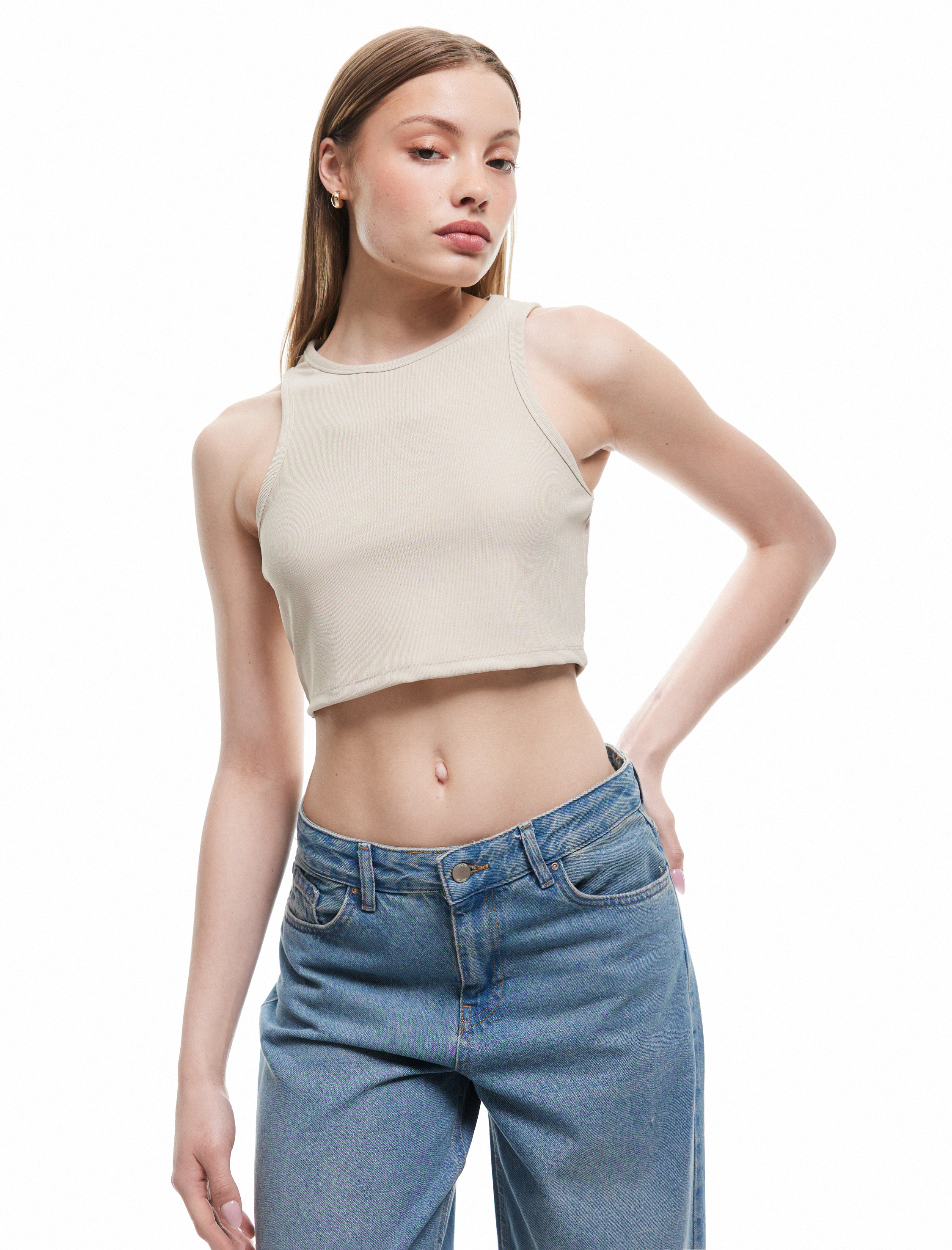   Bisiklet Yaka Kolsuz Dar Kesim Crop Basic Atlet