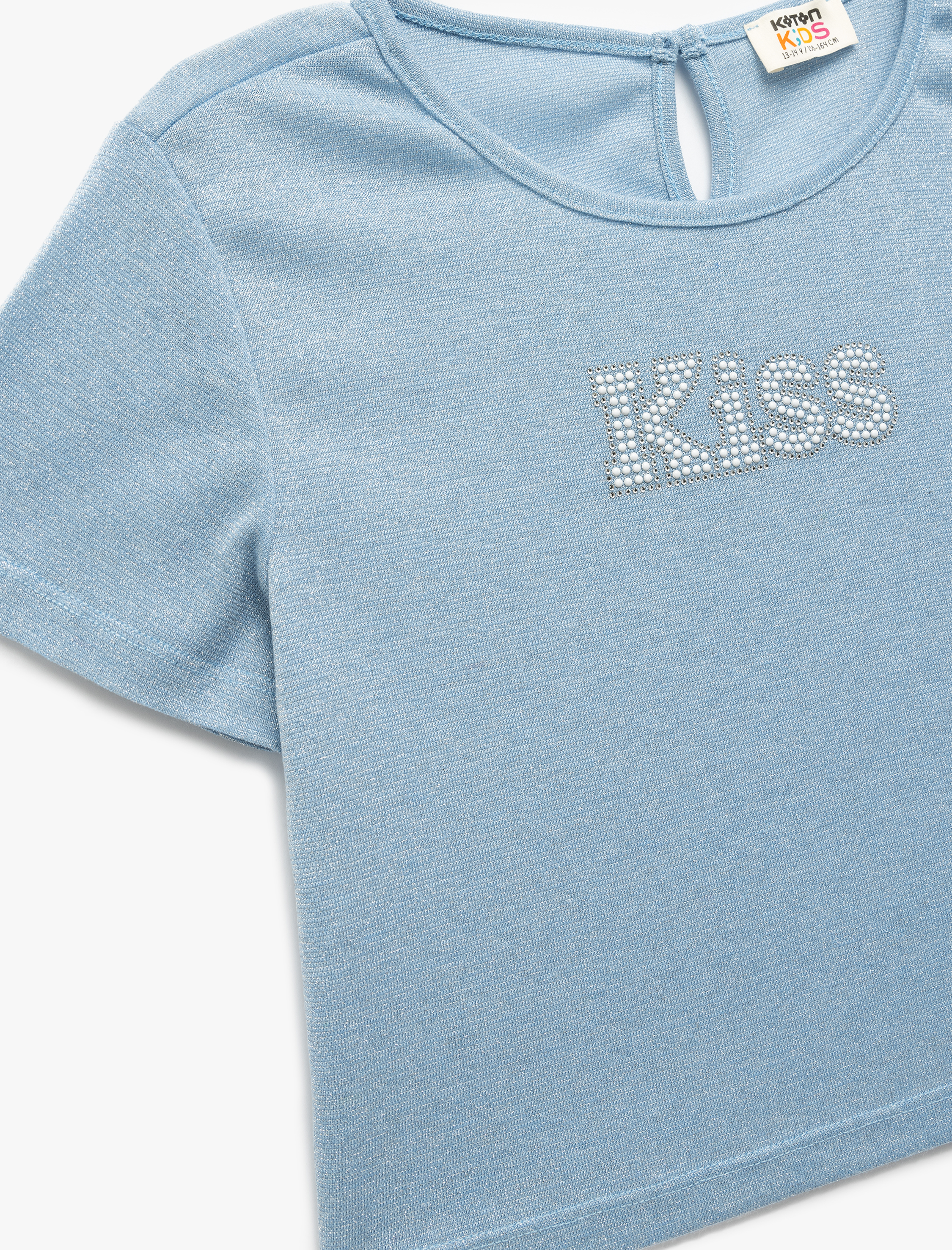  Kız Çocuk Arkadan Kapama Detaylı Yuvarlak Yaka Taşlı Kısa Kollu Crop Bluz