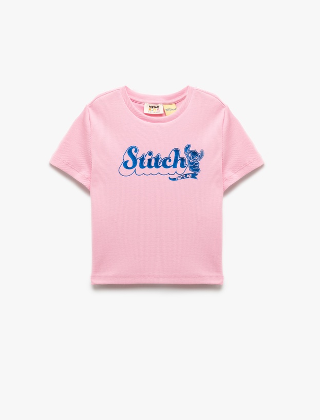 Stitch Lisanslı Bisiklet Yaka Kısa Kollu Pamuklu Baskılı Crop Tişört_0