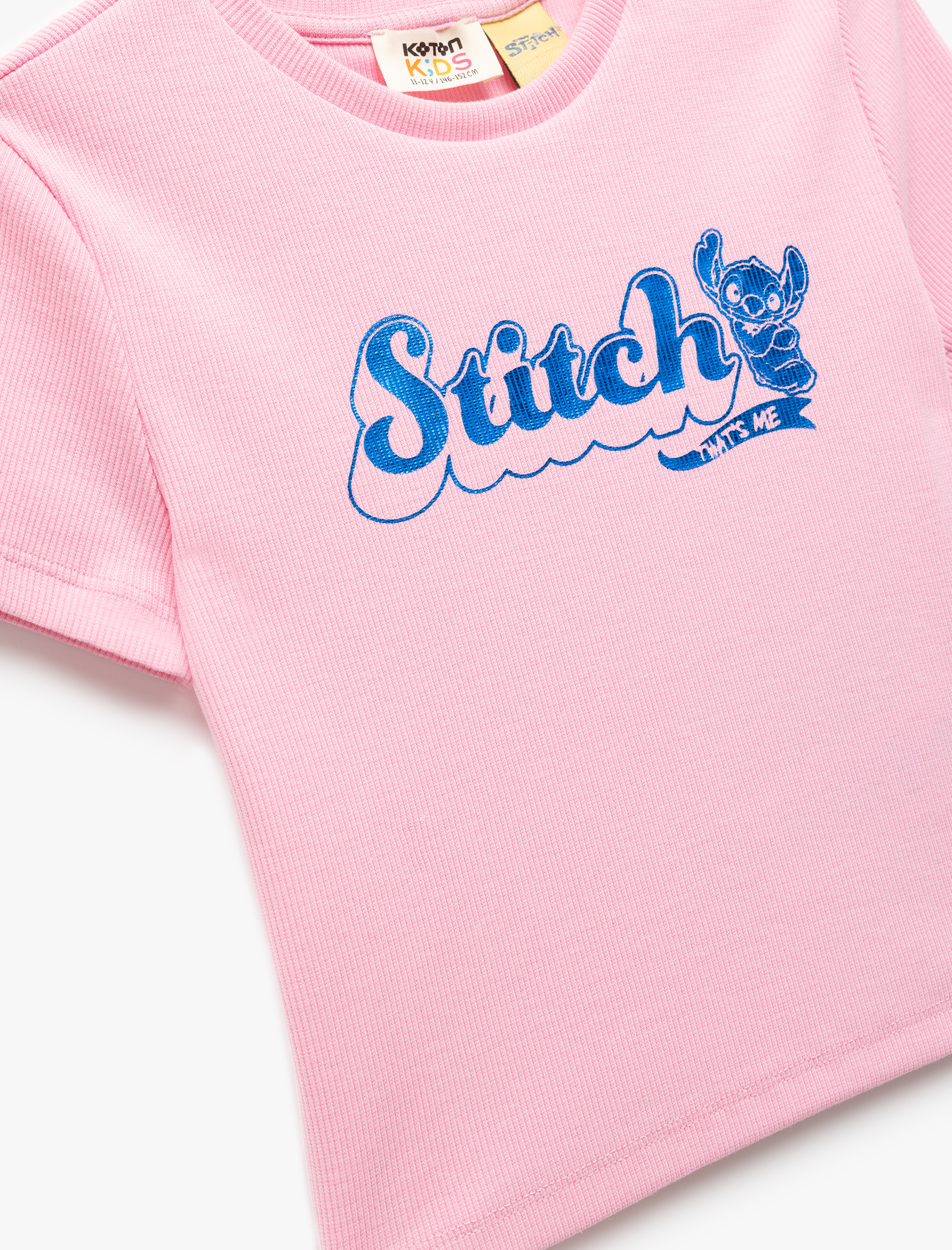  Kız Çocuk Stitch Lisanslı Bisiklet Yaka Kısa Kollu Pamuklu Baskılı Crop Tişört