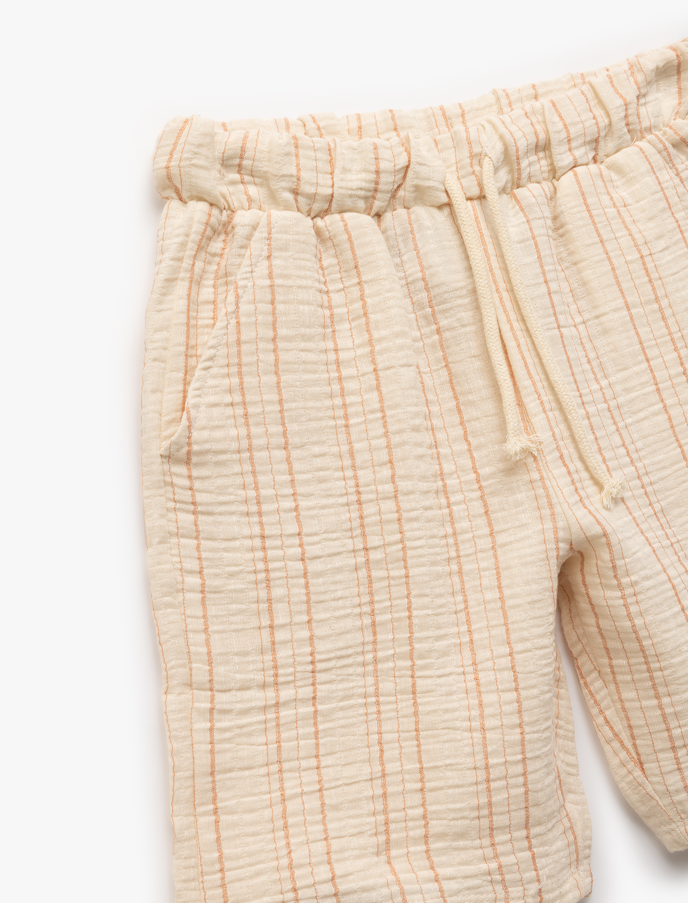  Erkek Çocuk Pamuklu Cep Detaylı Beli Bağcıklı Müslin Bermuda Çizgili Şort