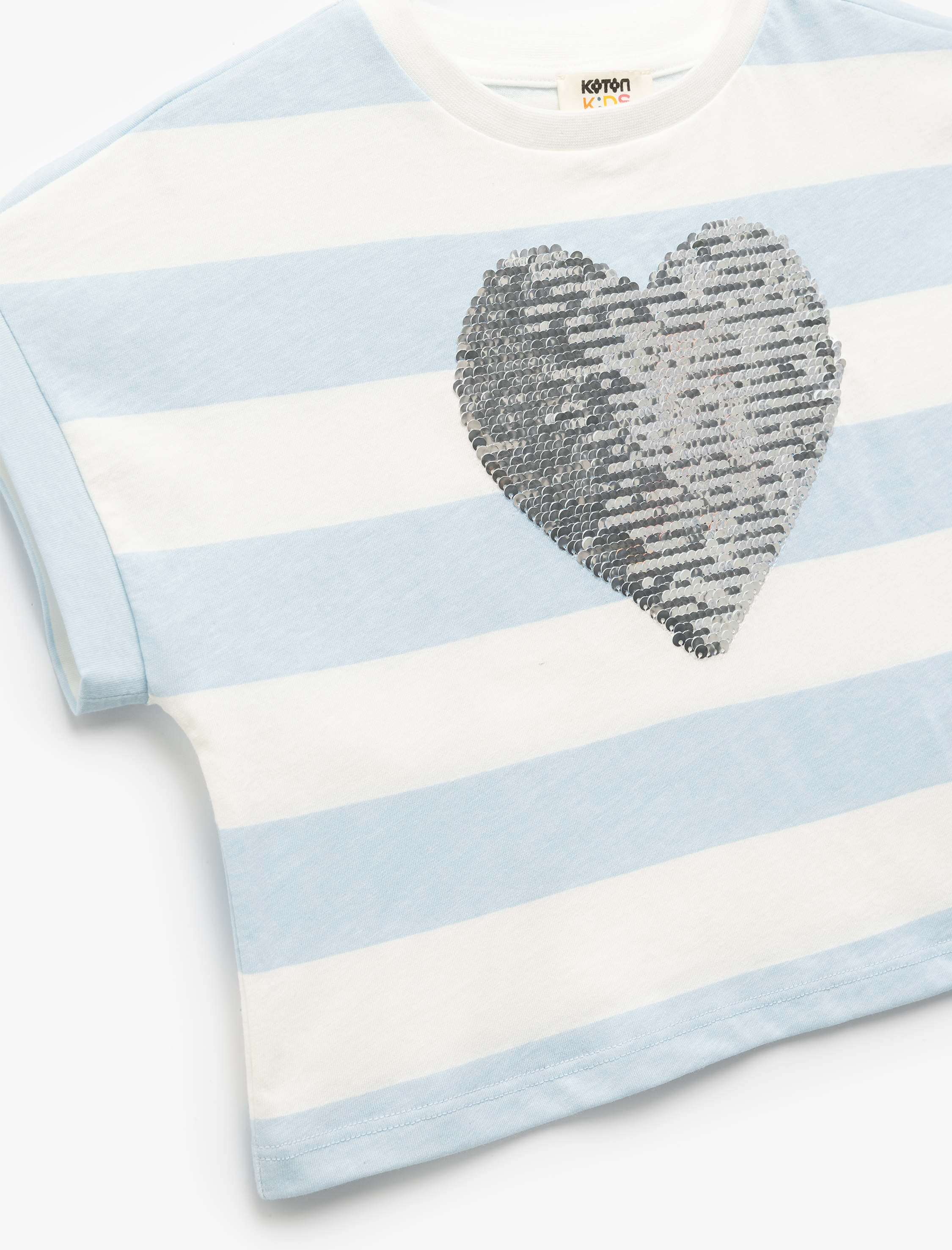  Kız Çocuk Pullu Payetli Bisiklet Yaka Kısa Kollu Pamuklu Crop Tişört