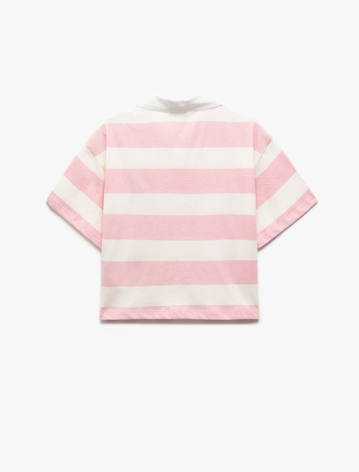 Kız Çocuk Pamuklu Çizgili Kısa Kollu Gömlek Yaka Düğmeli Köpek İşlemeli Crop Tişört