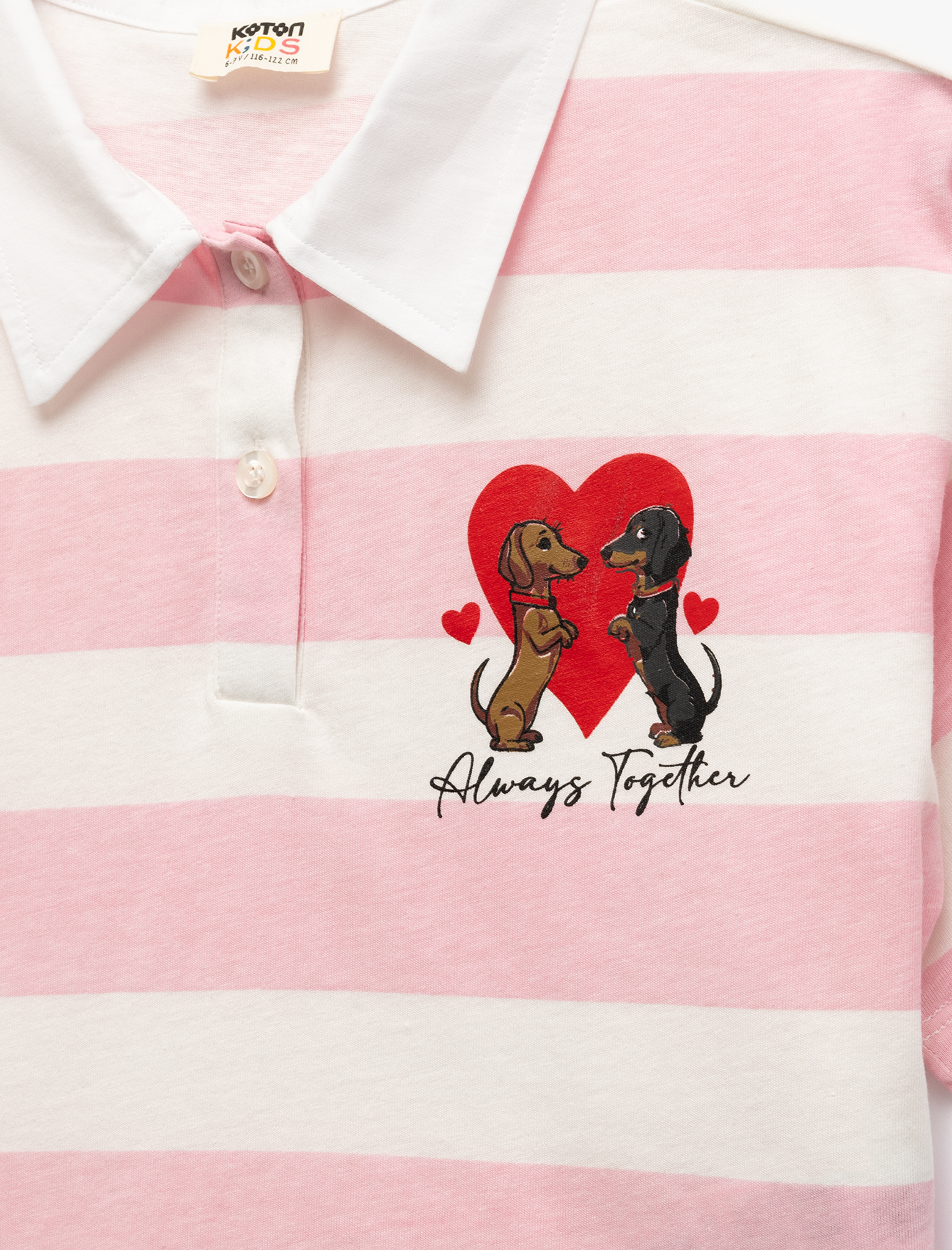  Kız Çocuk Pamuklu Çizgili Kısa Kollu Gömlek Yaka Düğmeli Köpek İşlemeli Crop Tişört