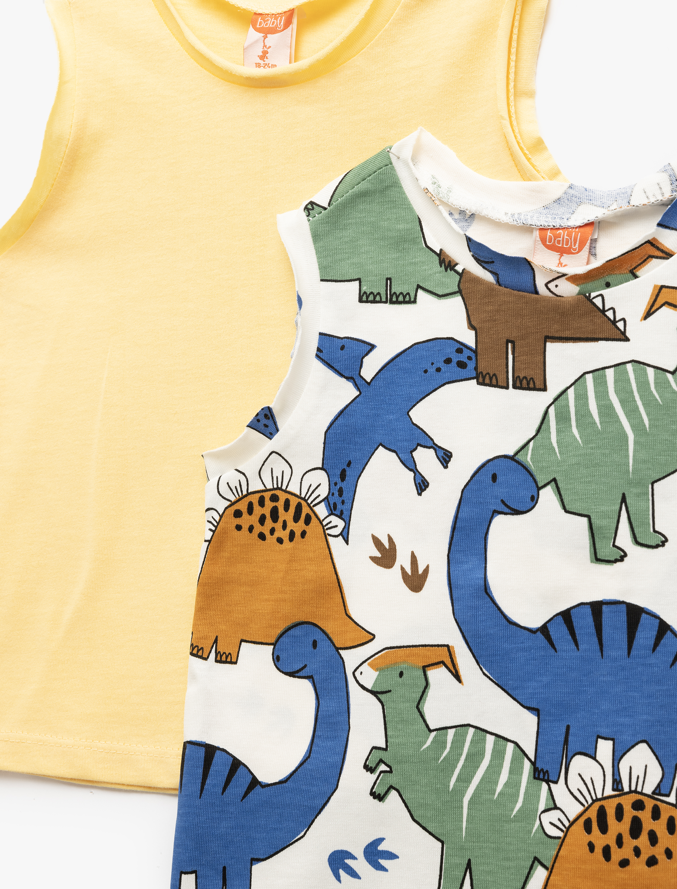  Erkek Bebek Pamuklu Bisiklet Yaka Kolsuz Baskılı 2'li Tişört Seti