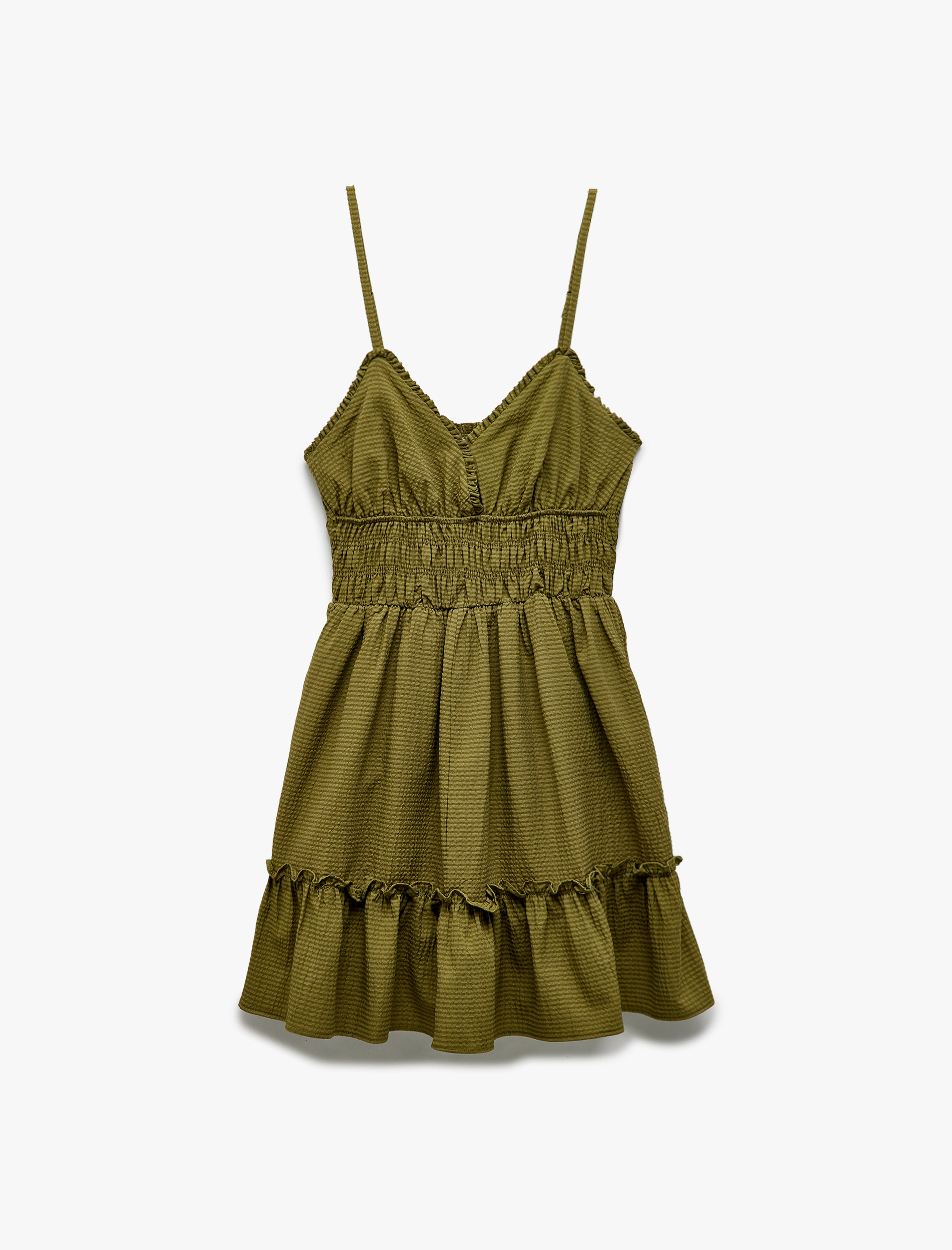 Gipeli V Yaka Katlı Fırfırlı İp Askılı Viskon Karışımlı Mini Elbise