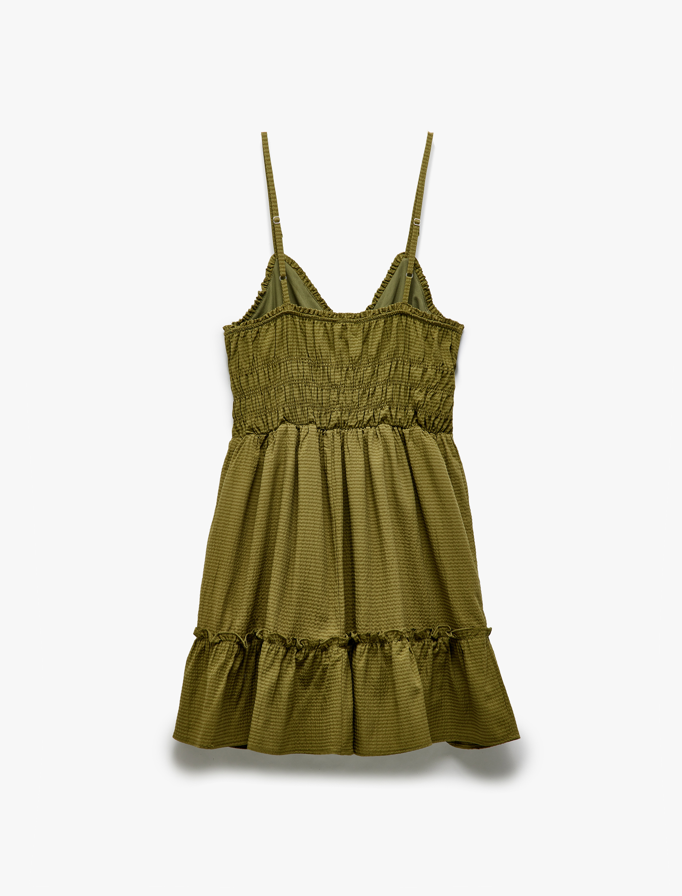 Gipeli V Yaka Katlı Fırfırlı İp Askılı Viskon Karışımlı Mini Elbise