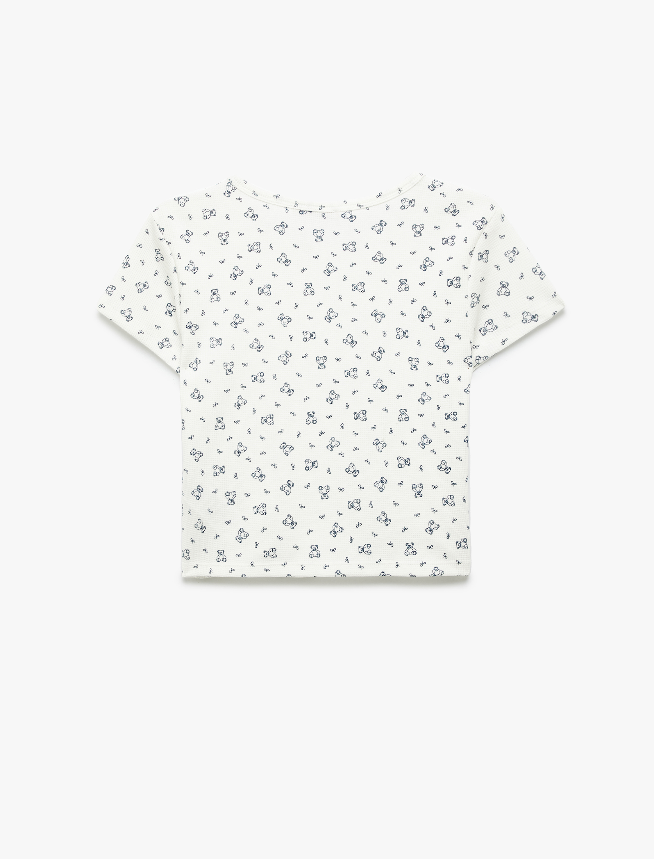   Pamuklu Ayıcık Baskılı Kısa Kollu Bisiklet Yaka Pijama Üstü