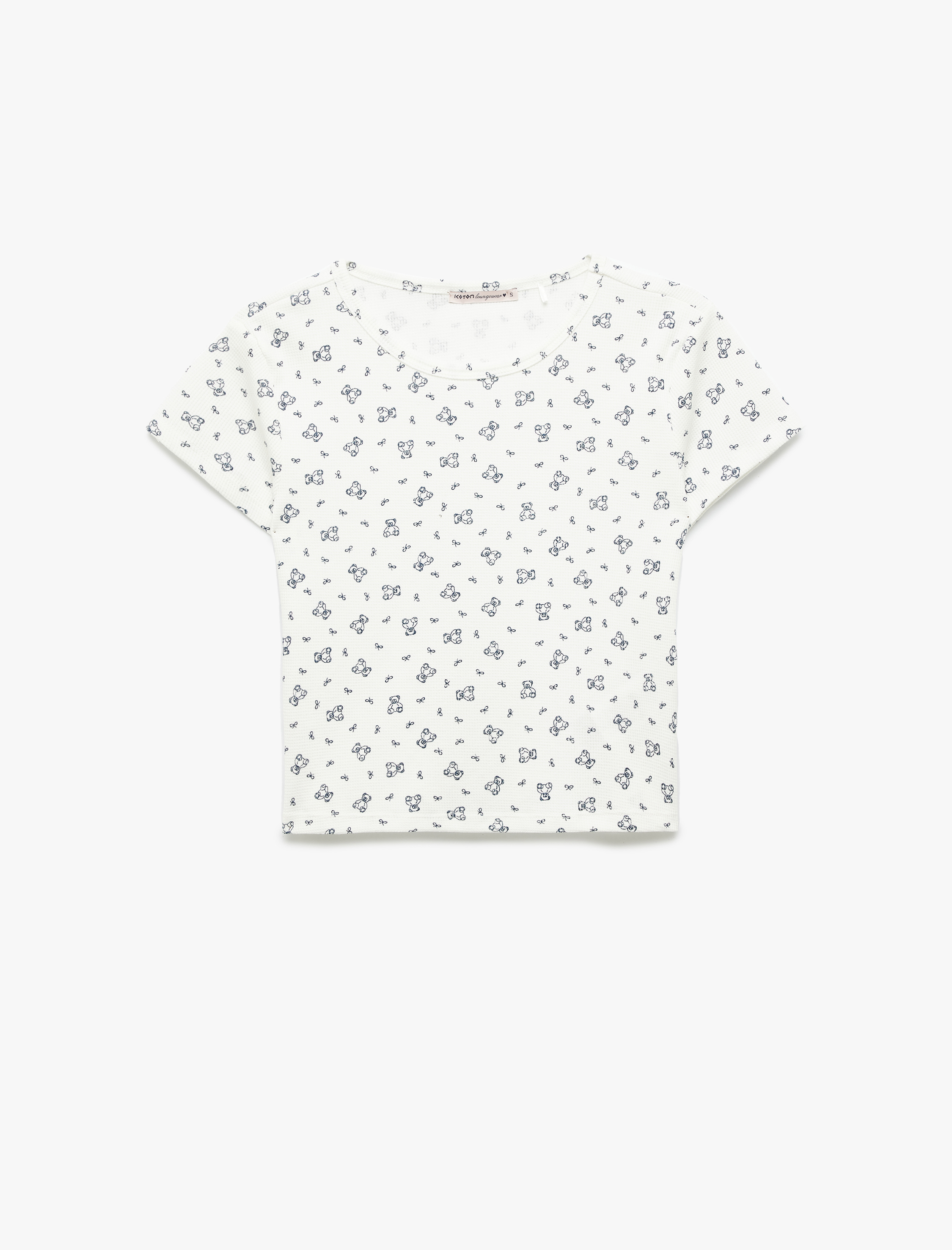   Pamuklu Ayıcık Baskılı Kısa Kollu Bisiklet Yaka Pijama Üstü