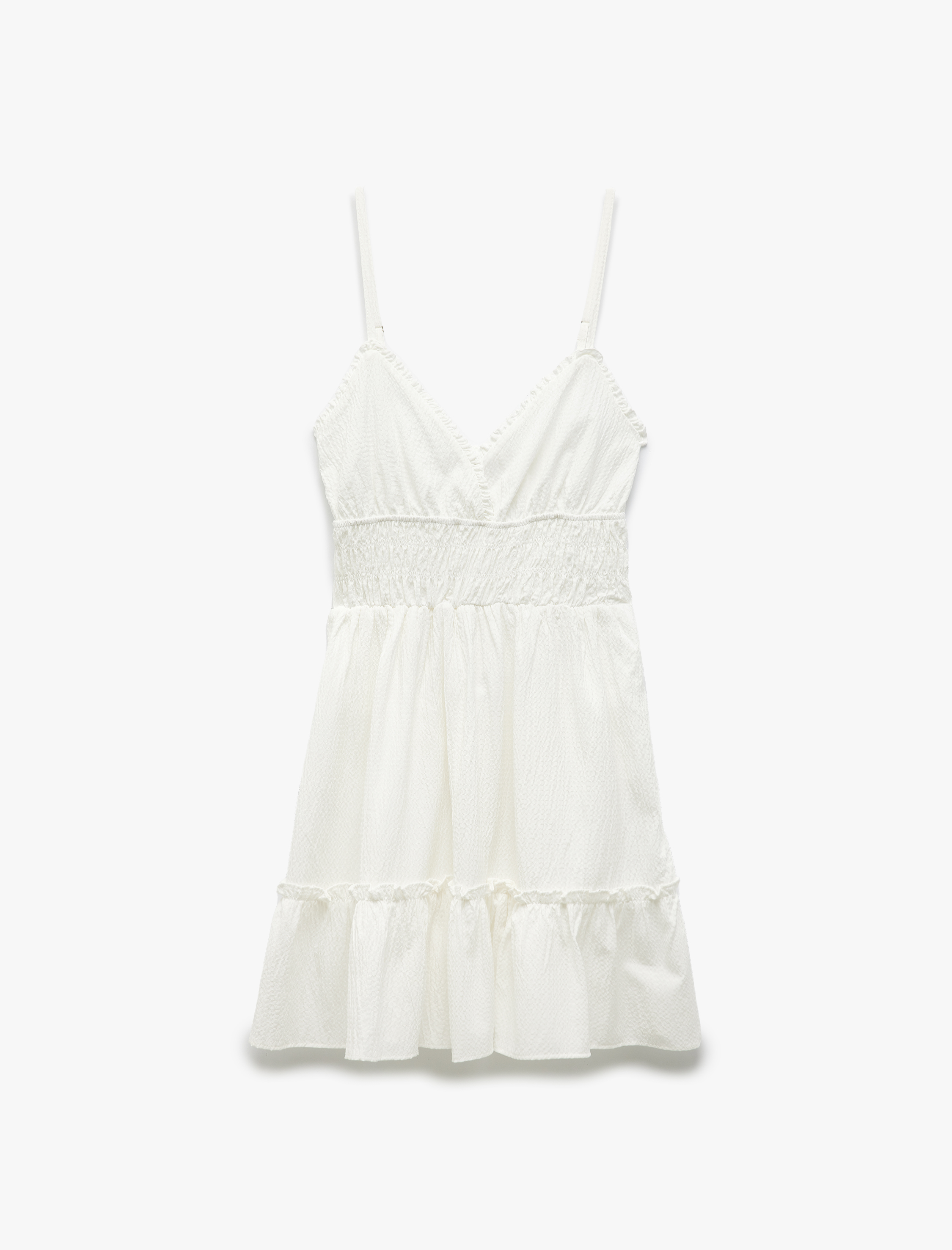 Gipeli V Yaka Katlı Fırfırlı İp Askılı Viskon Karışımlı Mini Elbise