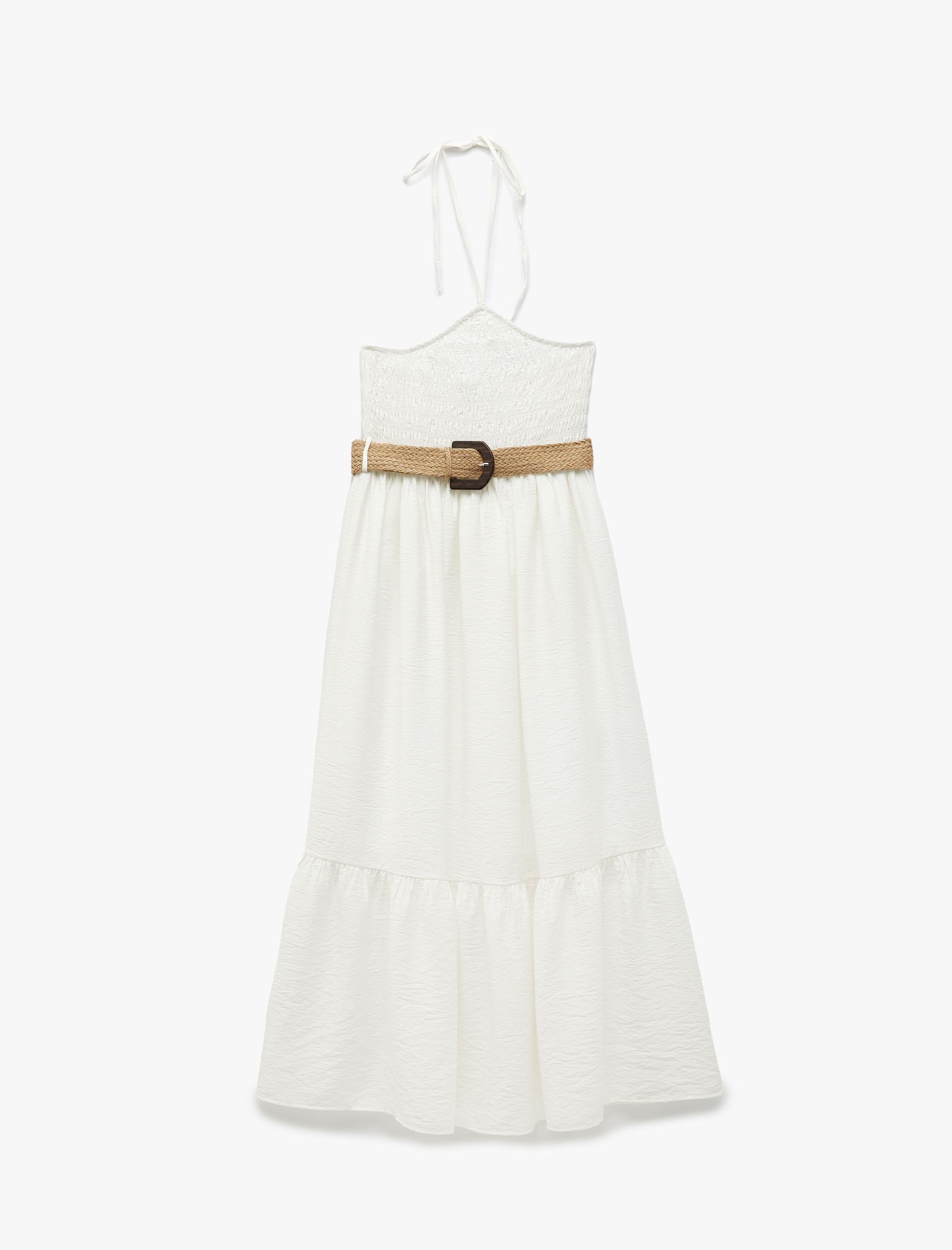   Kemer Detaylı A Kesim Boyundan Bağlamalı Viskon Uzun Halter Yaka Elbise