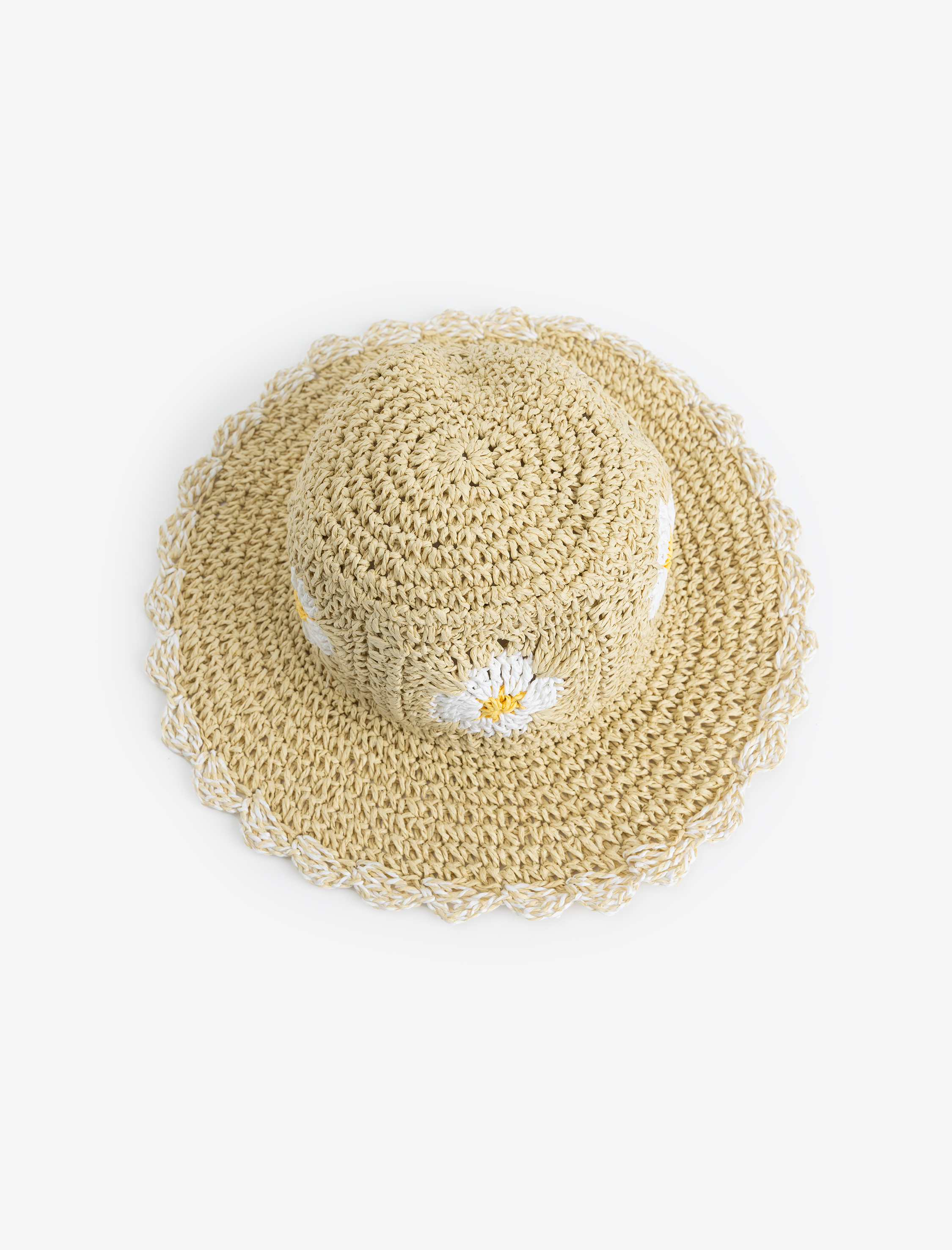  Kız Çocuk Kroşe Detaylı Çiçek Desenli Hasır Şapka
