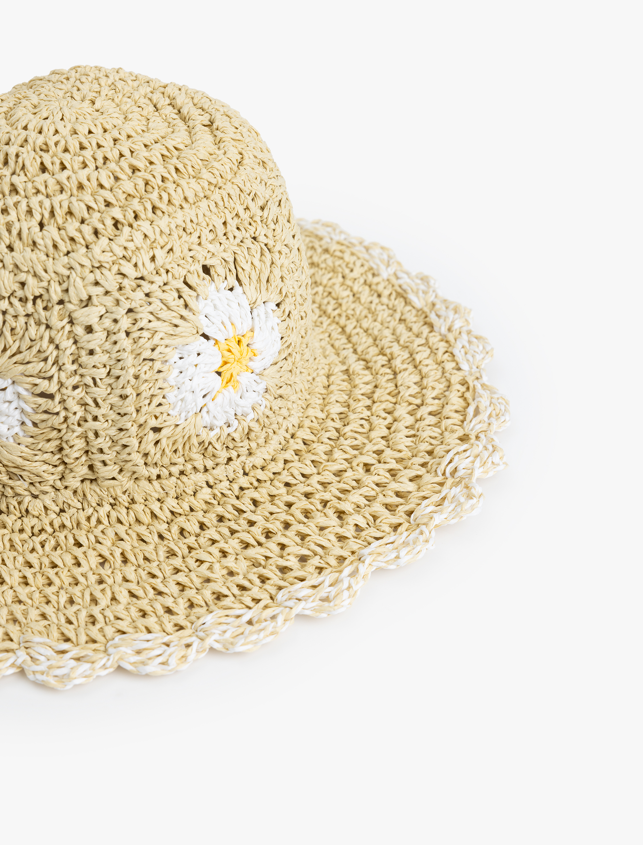  Kız Çocuk Kroşe Detaylı Çiçek Desenli Hasır Şapka