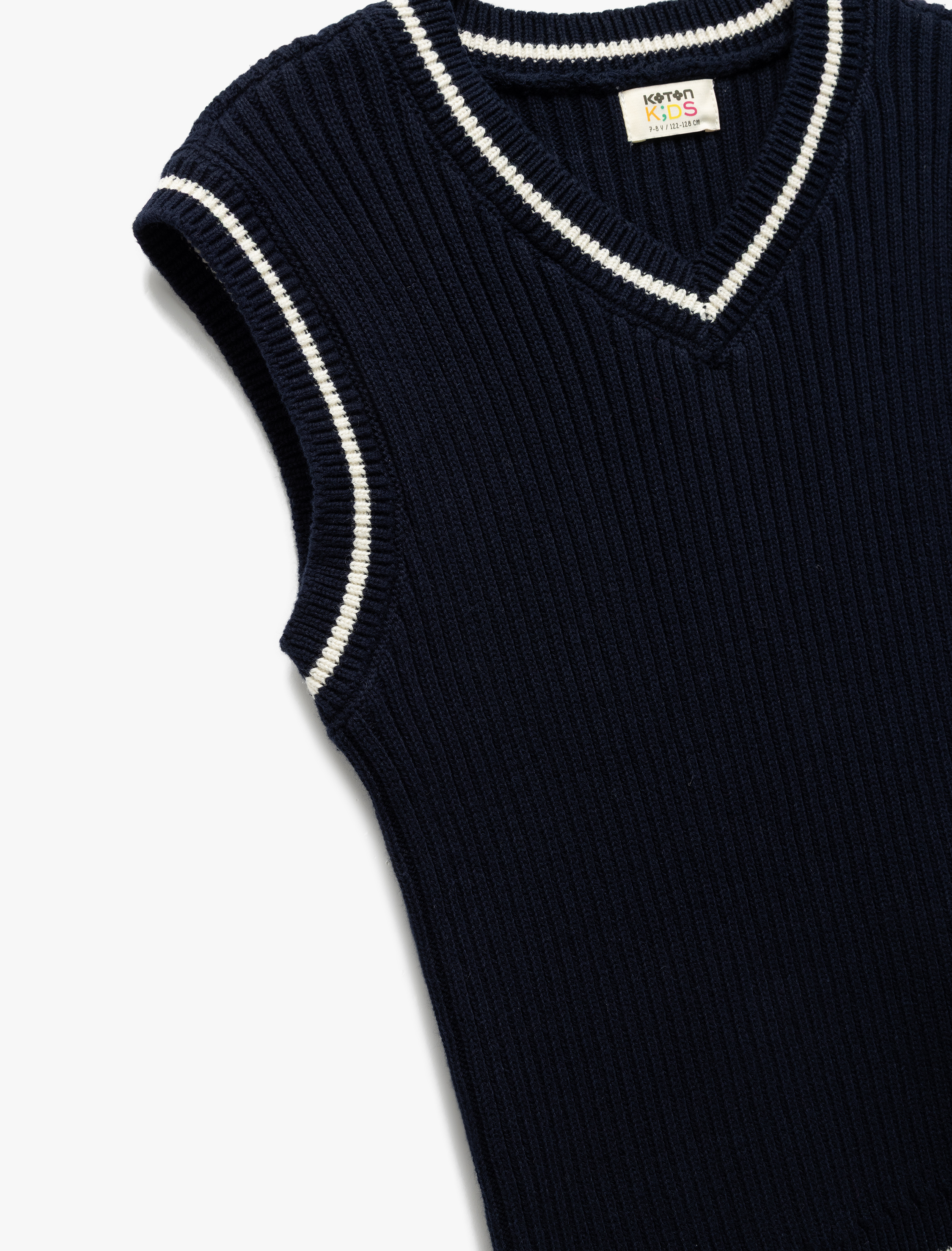  Kız Çocuk Pamuklu V Yaka Çizgili Kolsuz Triko Süveter