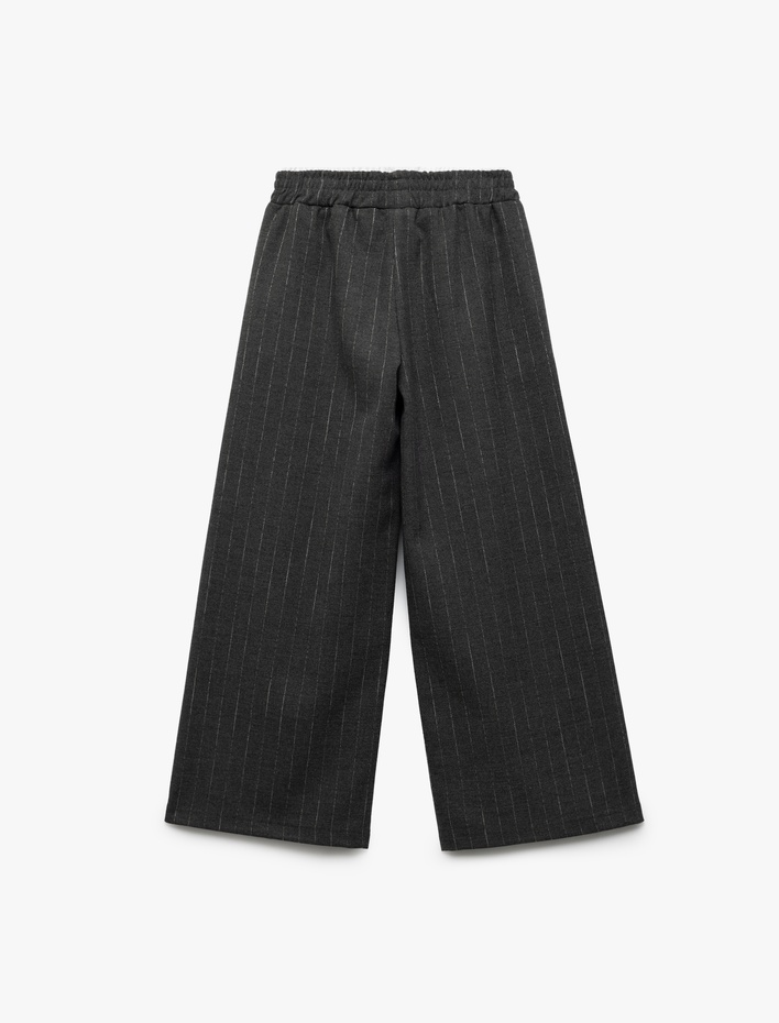 Kız Çocuk Viskon Karışımlı Beli Lastikli Kontrast Detaylı Geniş Paça Çizgili Pantolon