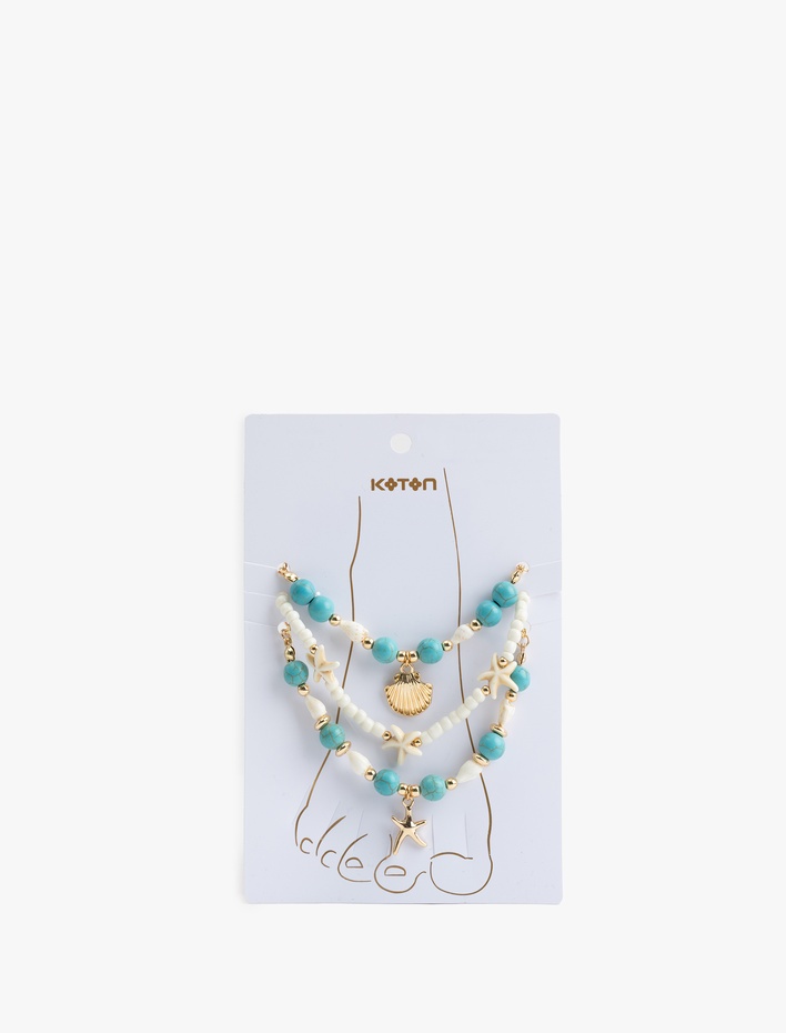 Kadın Deniz Kabuğu Detaylı Boncuklu 3'lü Halhal