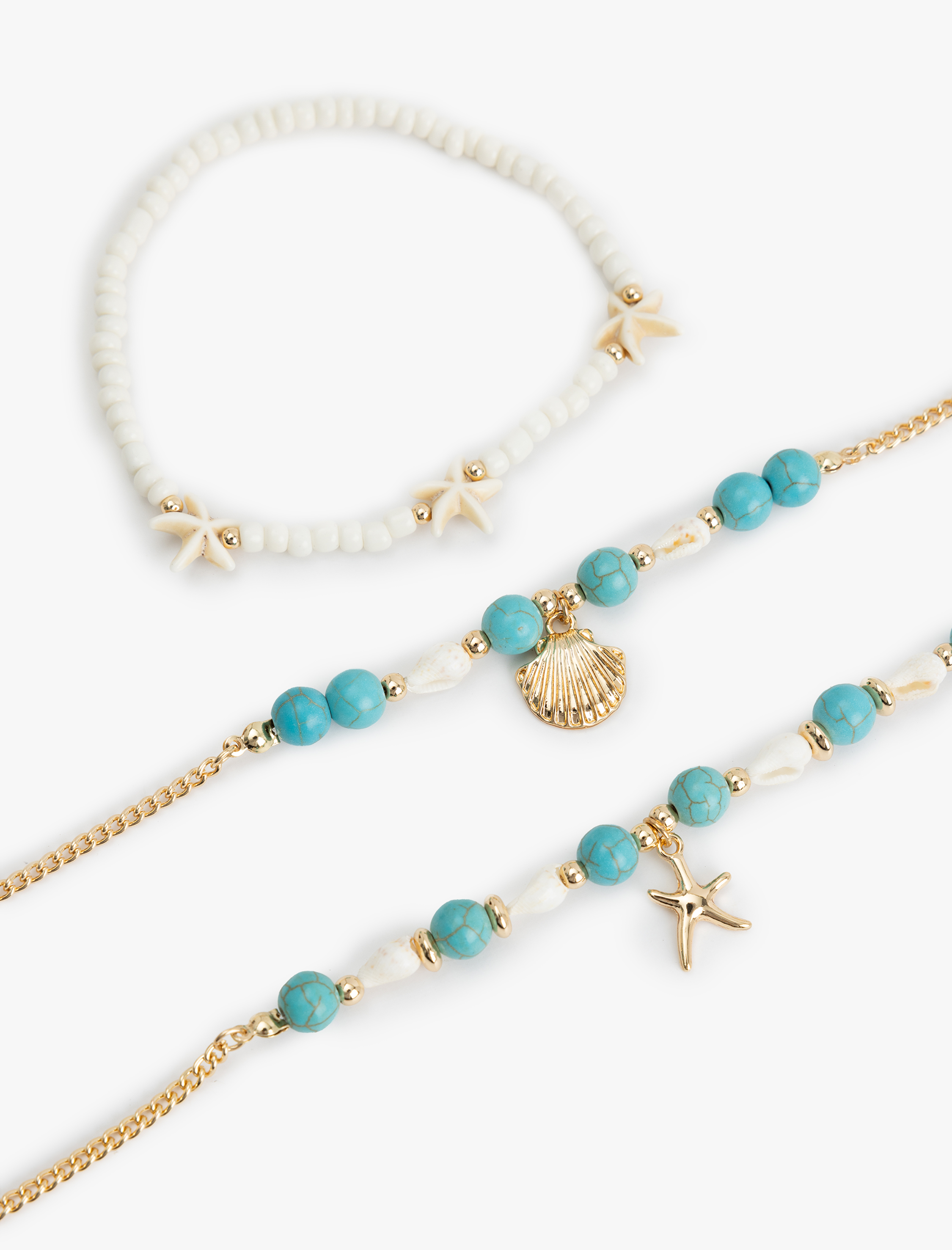  Kadın Deniz Kabuğu Detaylı Boncuklu 3'lü Halhal