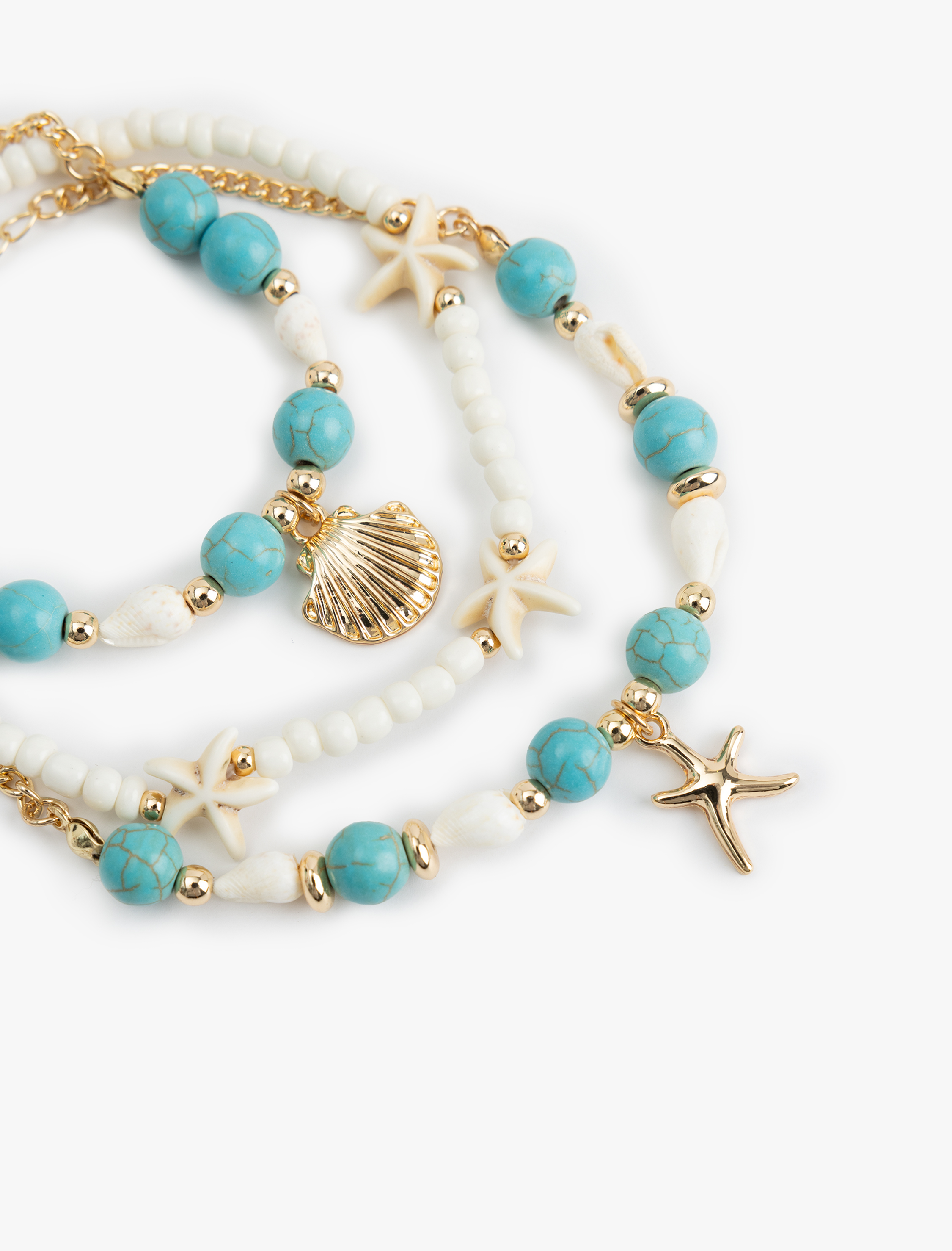  Kadın Deniz Kabuğu Detaylı Boncuklu 3'lü Halhal