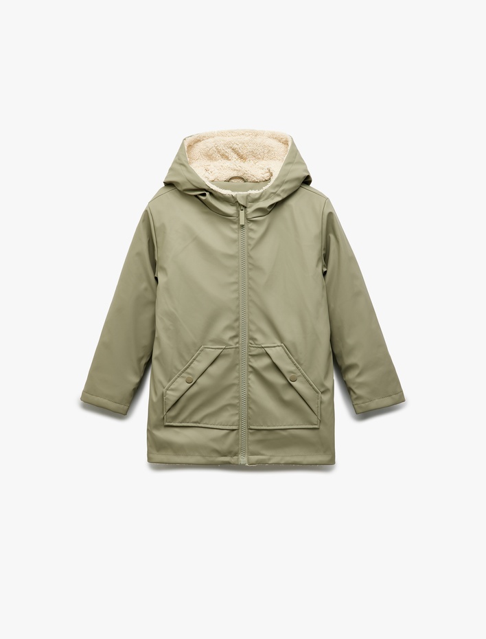 Kız Çocuk Bol Kalıp Fermuarlı İçi Peluş Kanguru Cepli Kapşonlu Kaban