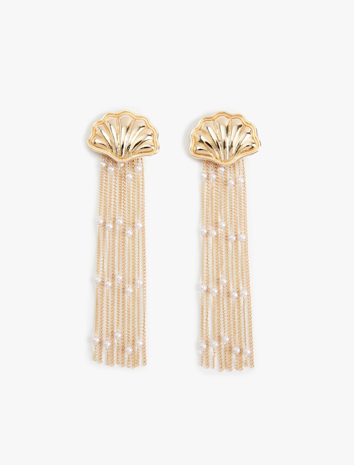 Kadın Büyük Boy Sallantılı Zincirli İnci Detaylı Deniz Kabuğu Küpe - Koton X Sima Tarkan