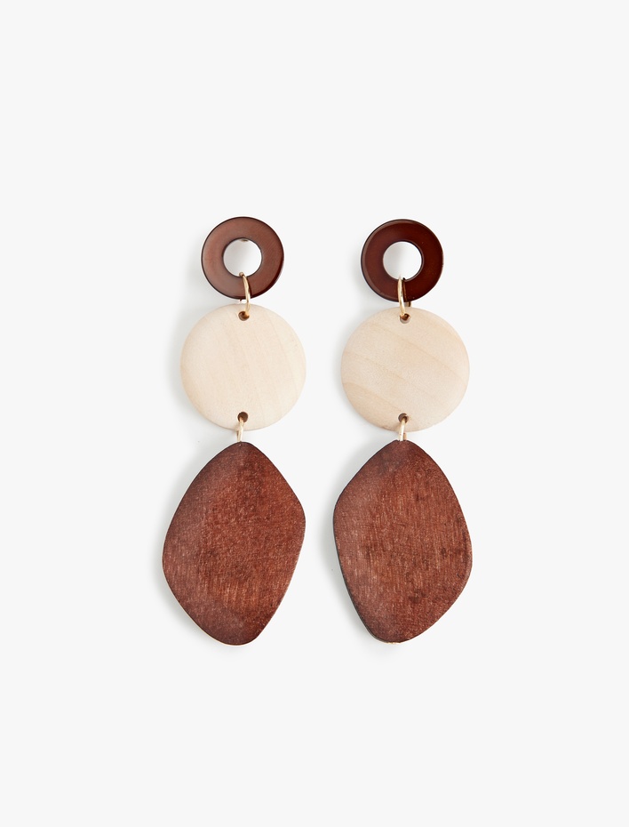 Kadın Büyük Boy Sallantılı Ahşap Geometrik Küpe - Koton X Sima Tarkan