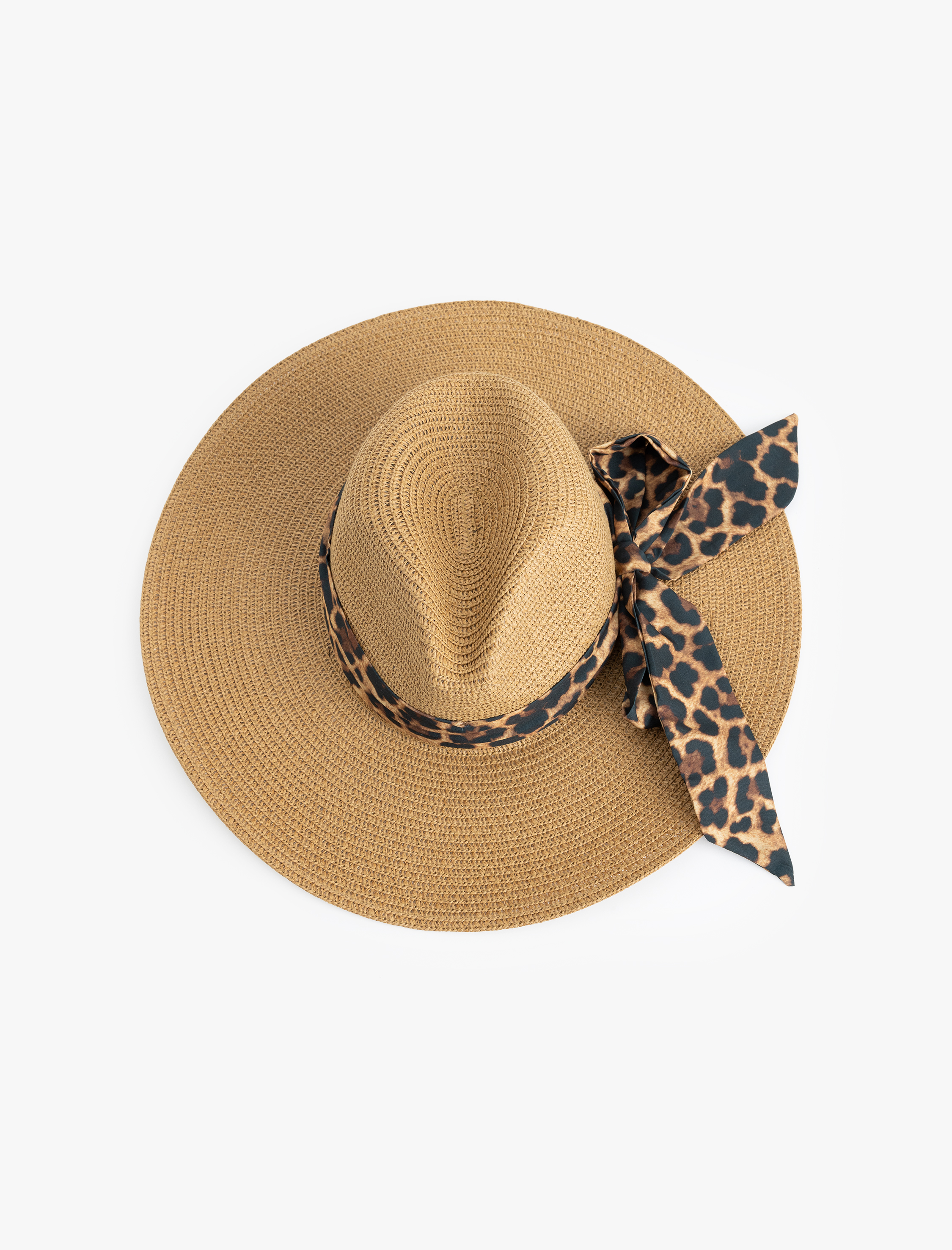  Kadın Leopar Fular Detaylı Hasır Şapka