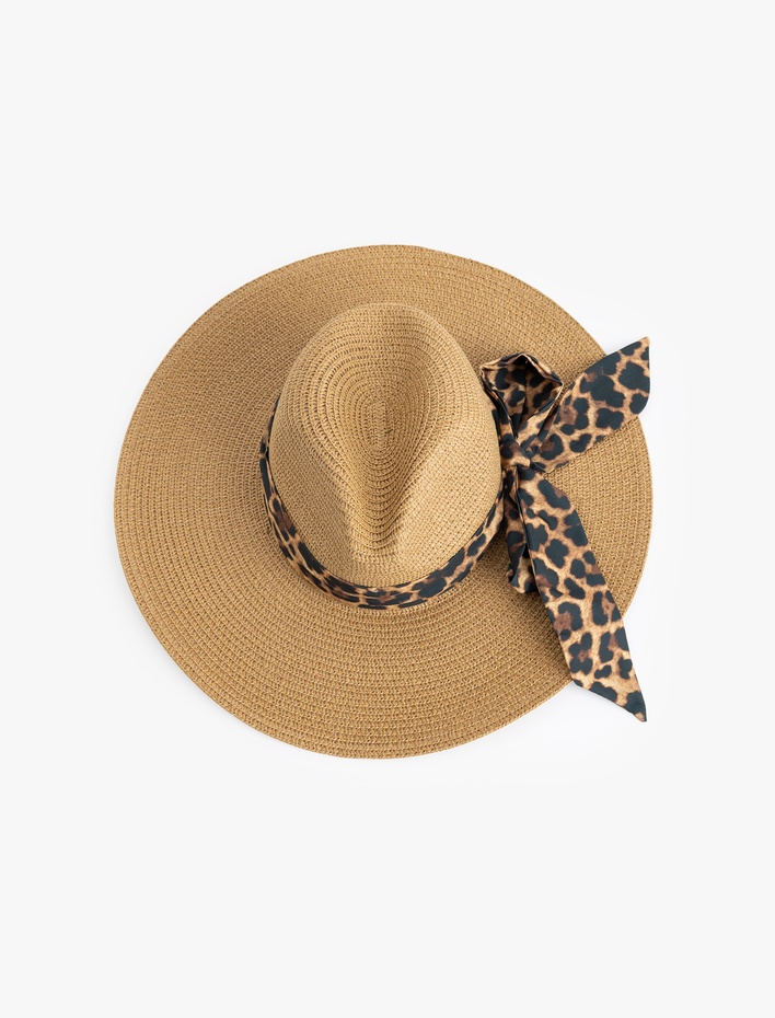 Kadın Leopar Fular Detaylı Hasır Şapka
