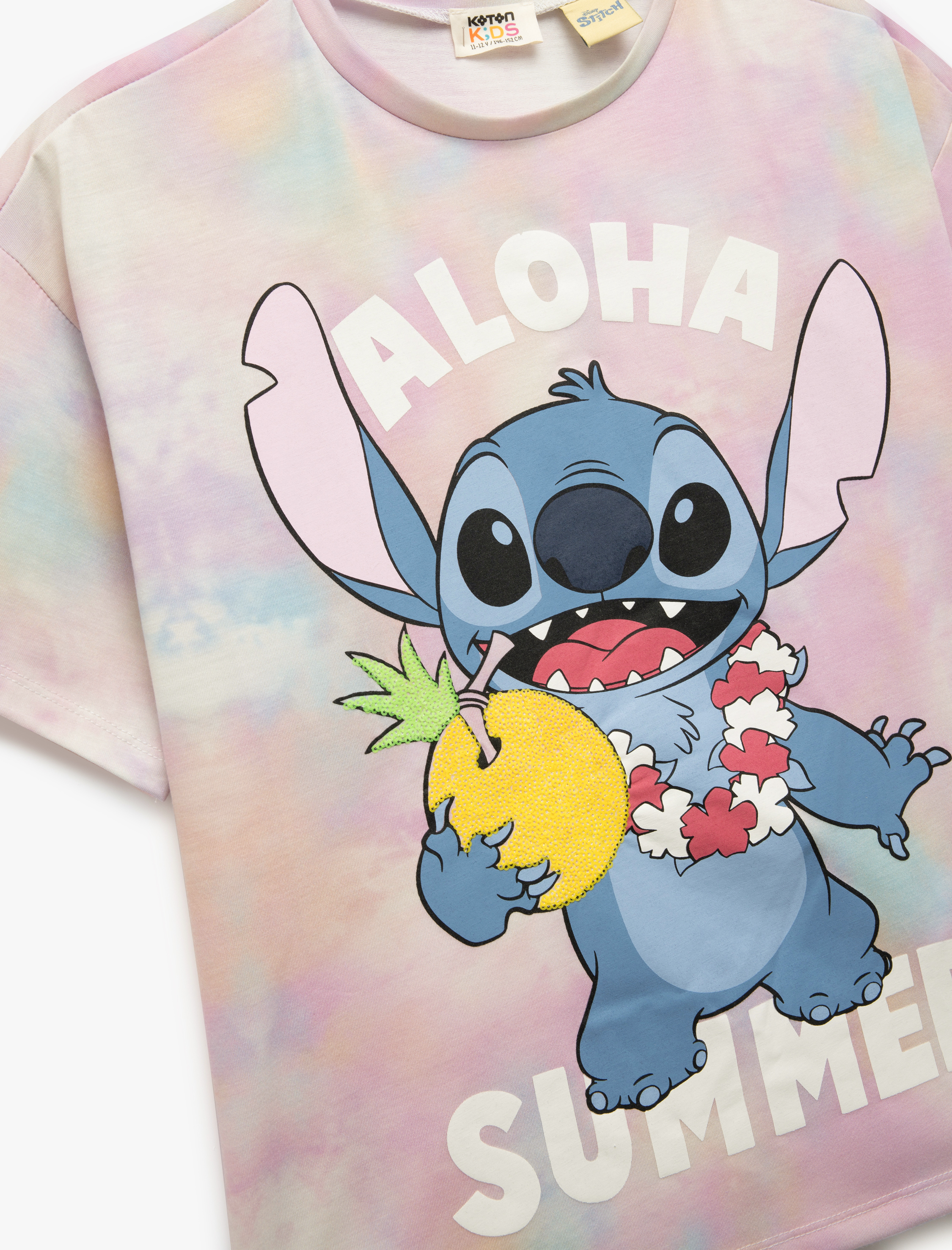  Kız Çocuk Lisanslı Stitch Baskılı Bisiklet Yaka Kısa Kollu Tişört