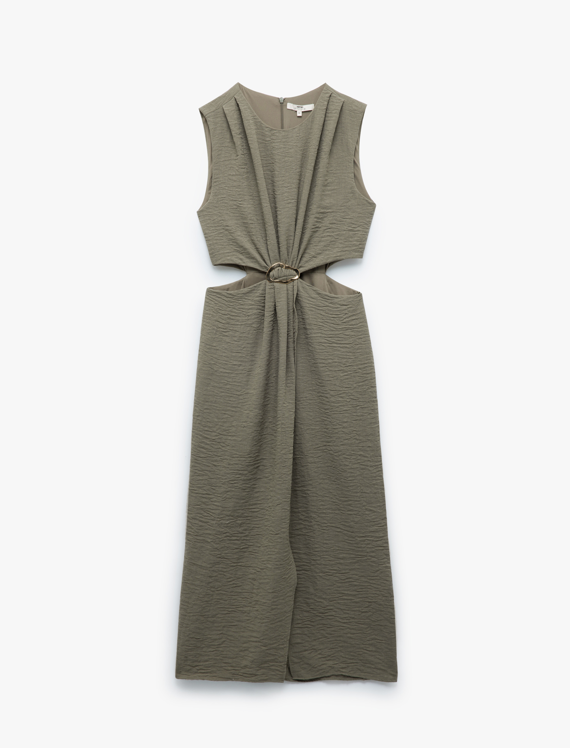   Dokulu Aksesuarlı Yuvarlak Yaka Pencere Detaylı Kolsuz Elbise