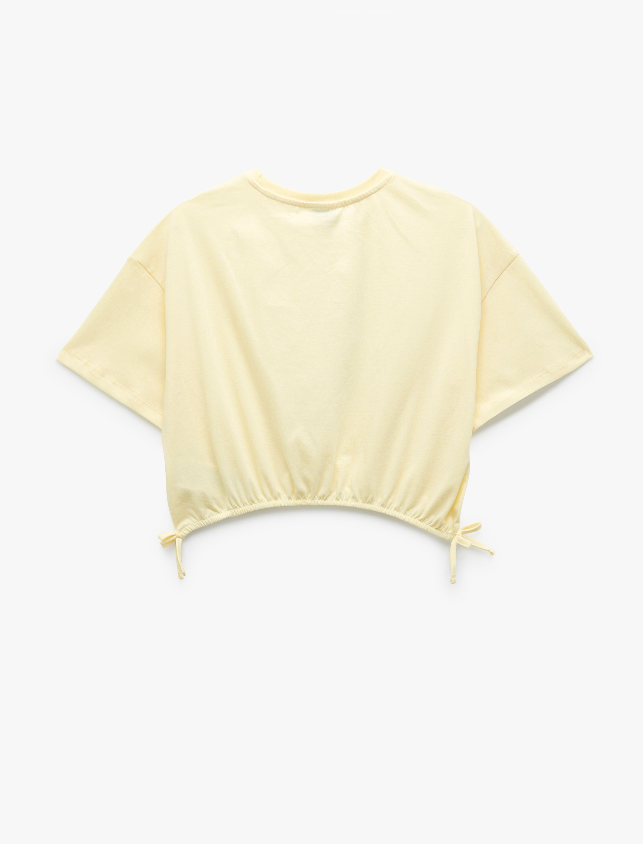  Kız Çocuk Pamuklu Bisiklet Yaka Kısa Kollu Kedicik Baskılı Crop Tişört