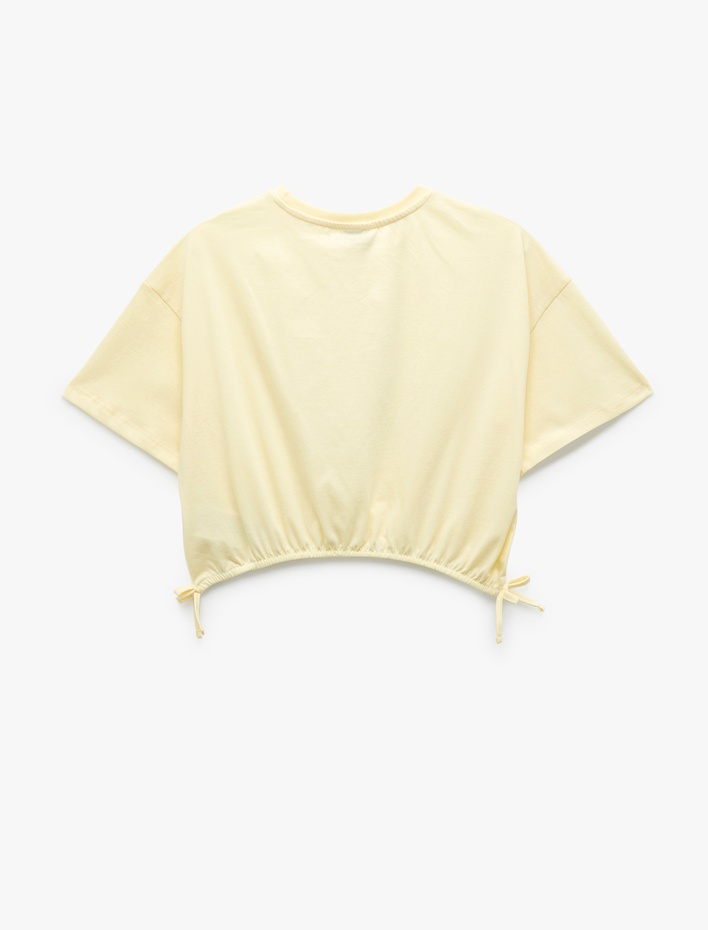 Kız Çocuk Pamuklu Bisiklet Yaka Kısa Kollu Kedicik Baskılı Crop Tişört