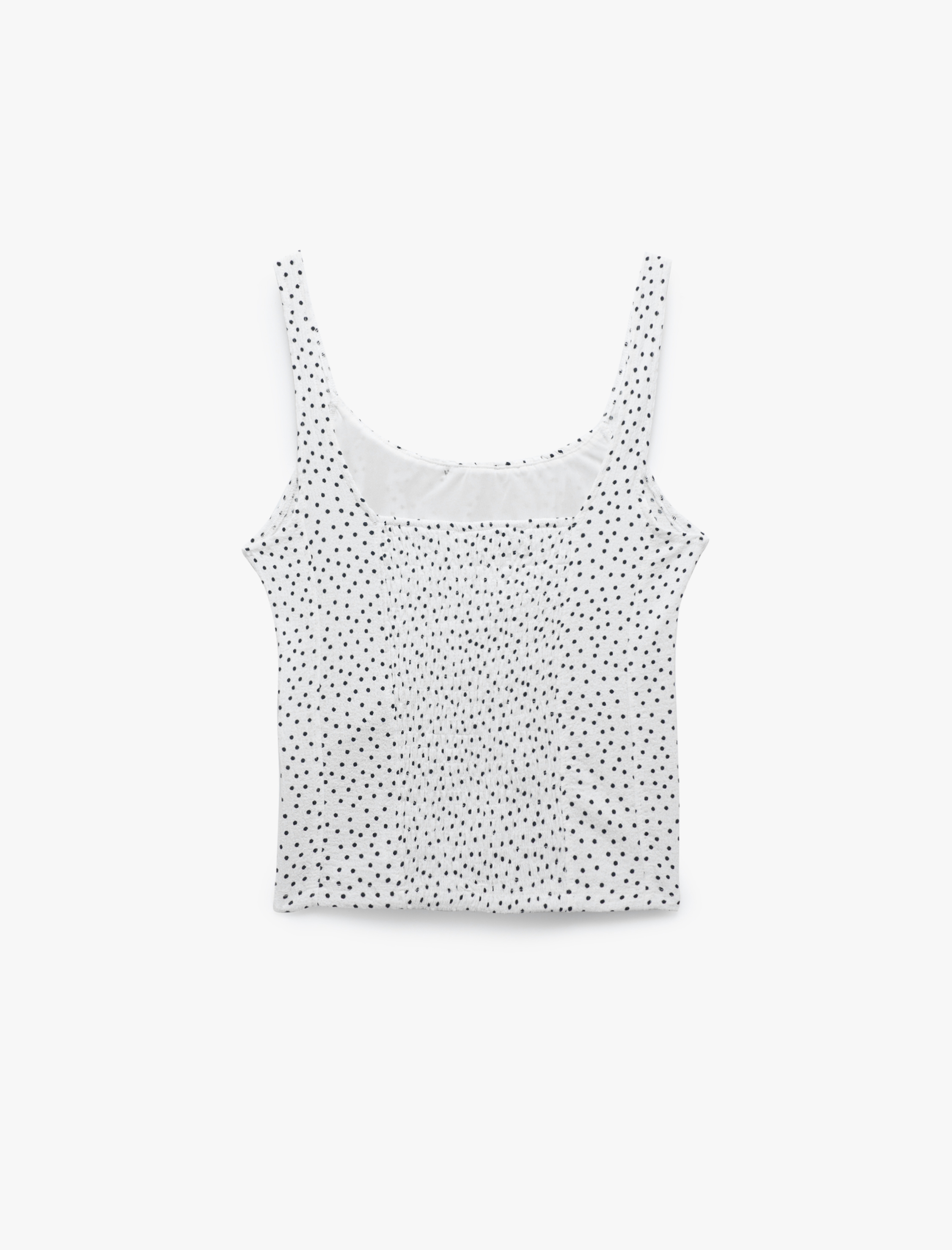   Fiyonklu Drapeli Slim Fit U Yaka Bürümcük Kumaş Puantiyeli Askılı Tişört