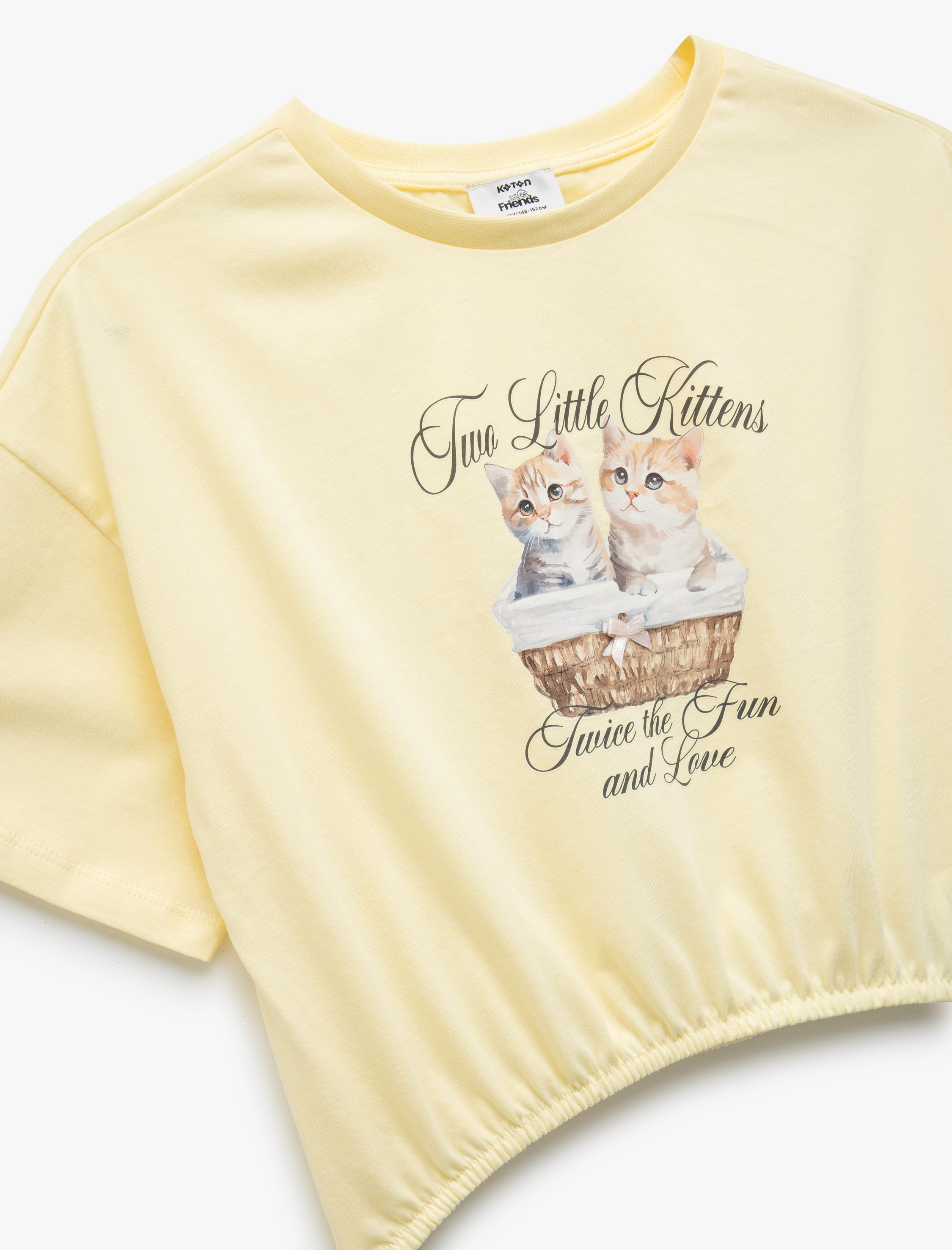  Kız Çocuk Pamuklu Bisiklet Yaka Kısa Kollu Kedicik Baskılı Crop Tişört